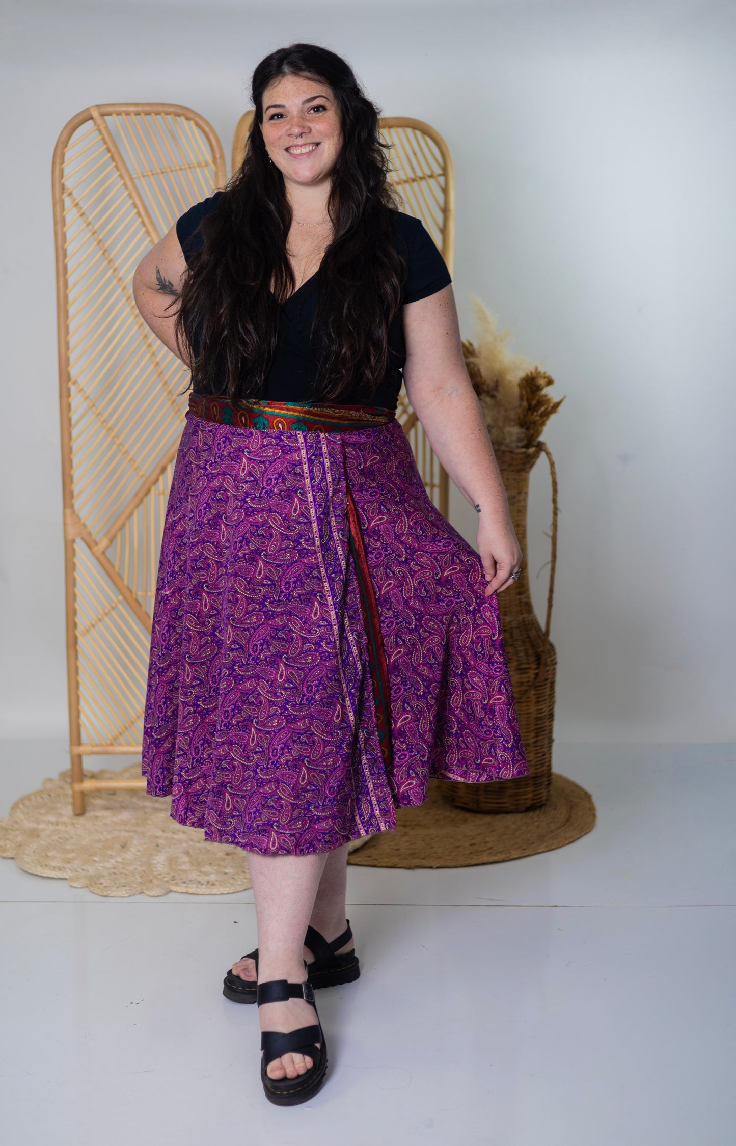 Plus/Tea Length Up-Cycled Reversible Sari Wrap Skirt #60