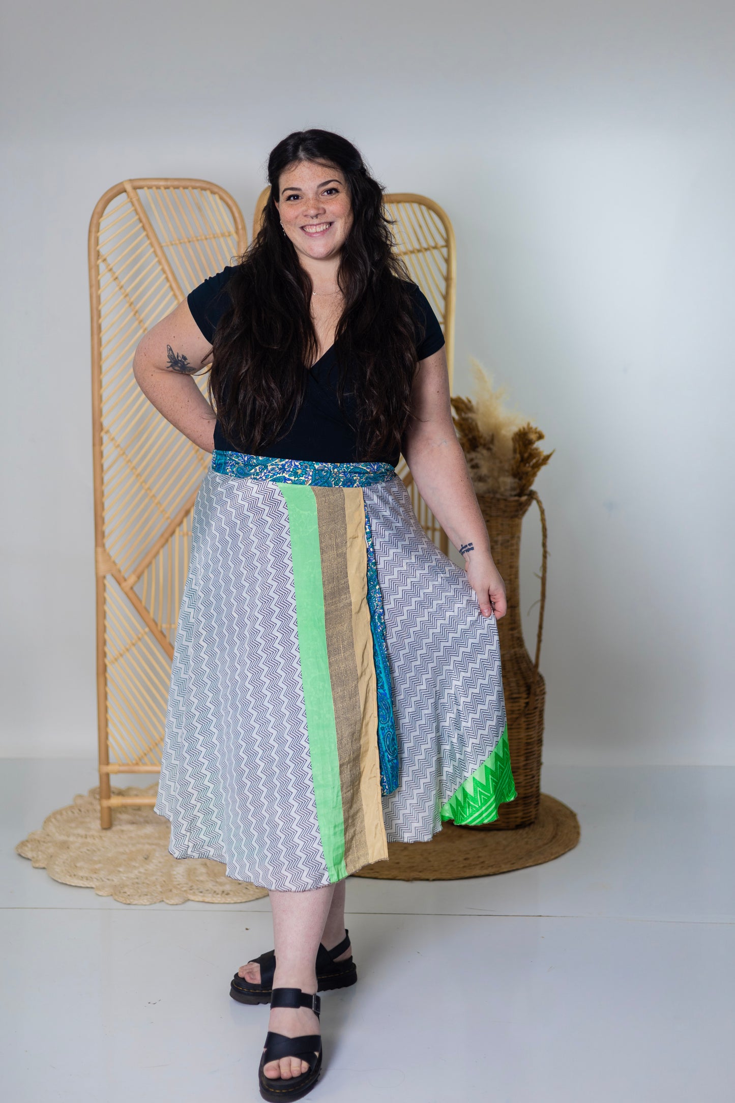 Plus/Tea Length Up-Cycled Reversible Sari Wrap Skirt #49