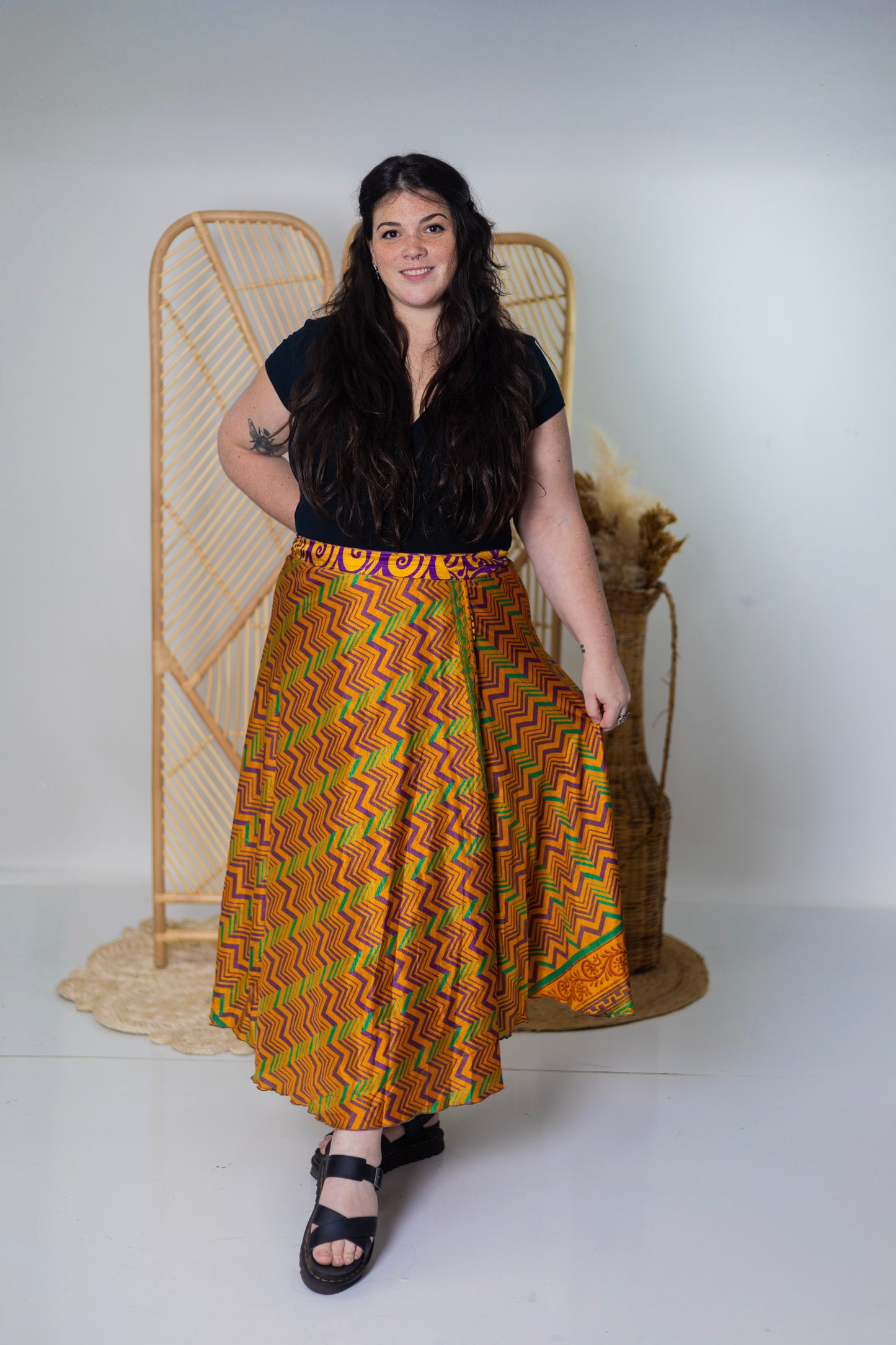 Plus/Maxi Length Up-Cycled Reversible Sari Wrap Skirt #98