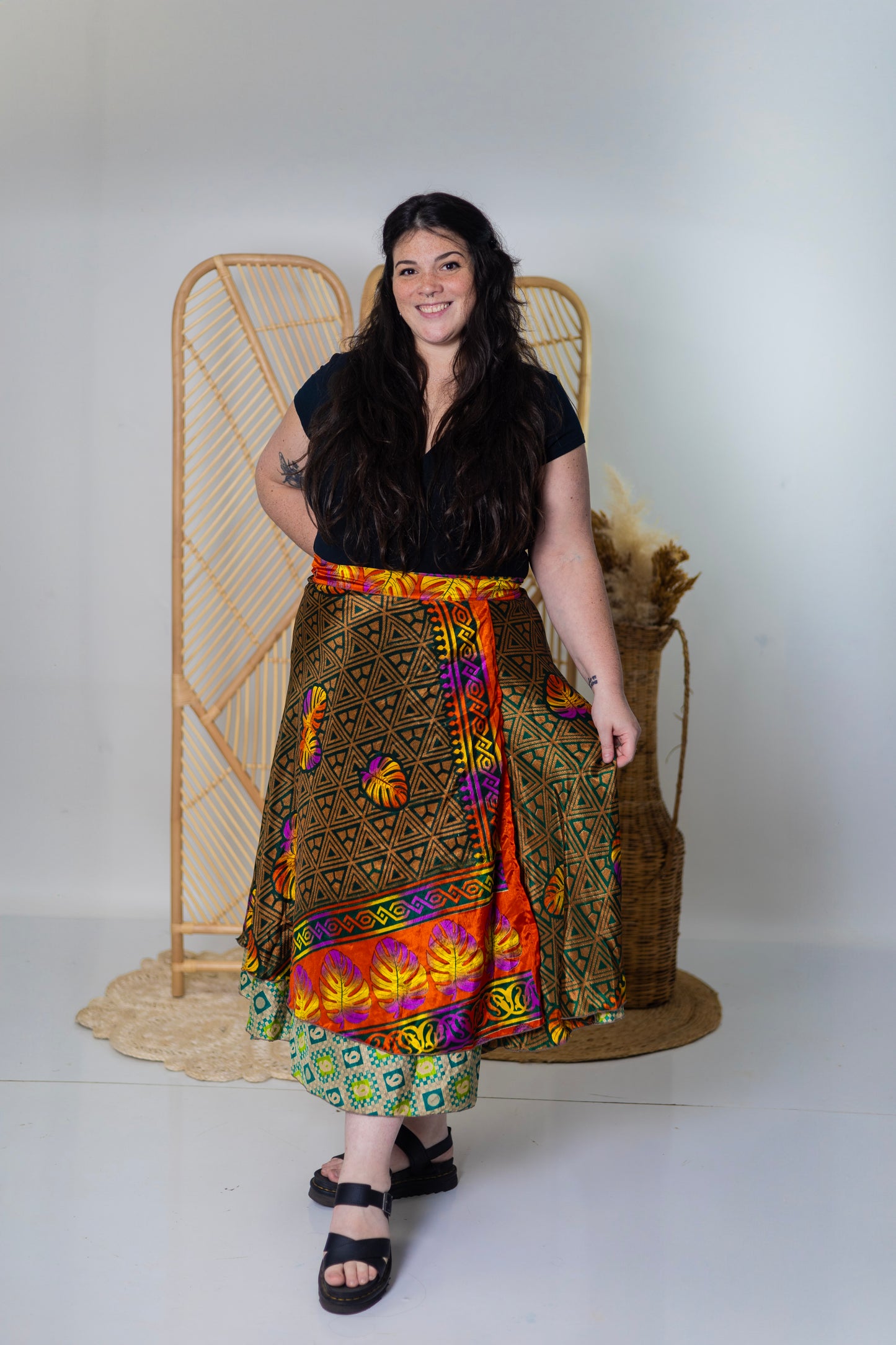 Plus/Maxi Length Up-Cycled Reversible Sari Wrap Skirt #96