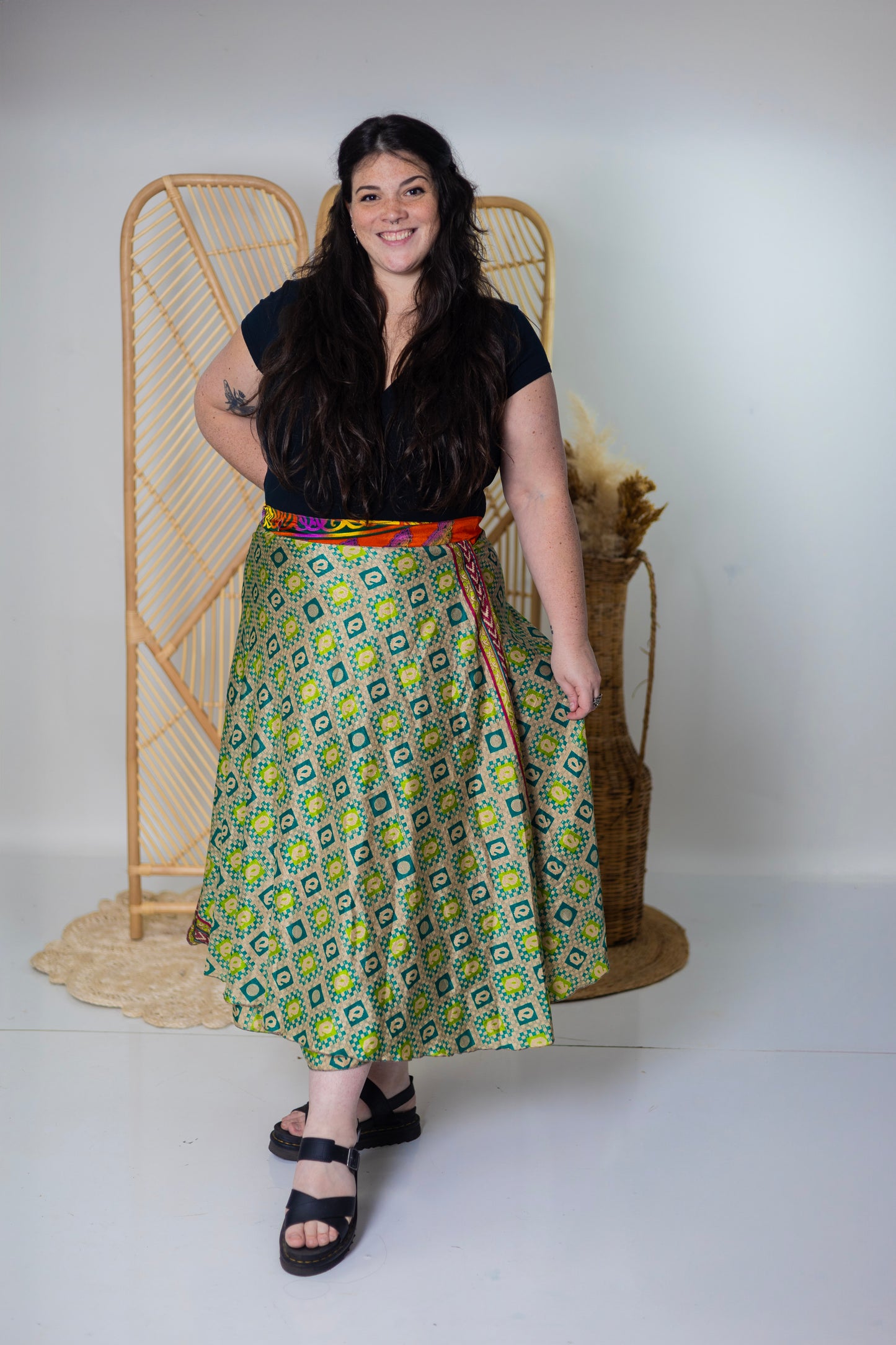 Plus/Maxi Length Up-Cycled Reversible Sari Wrap Skirt #96