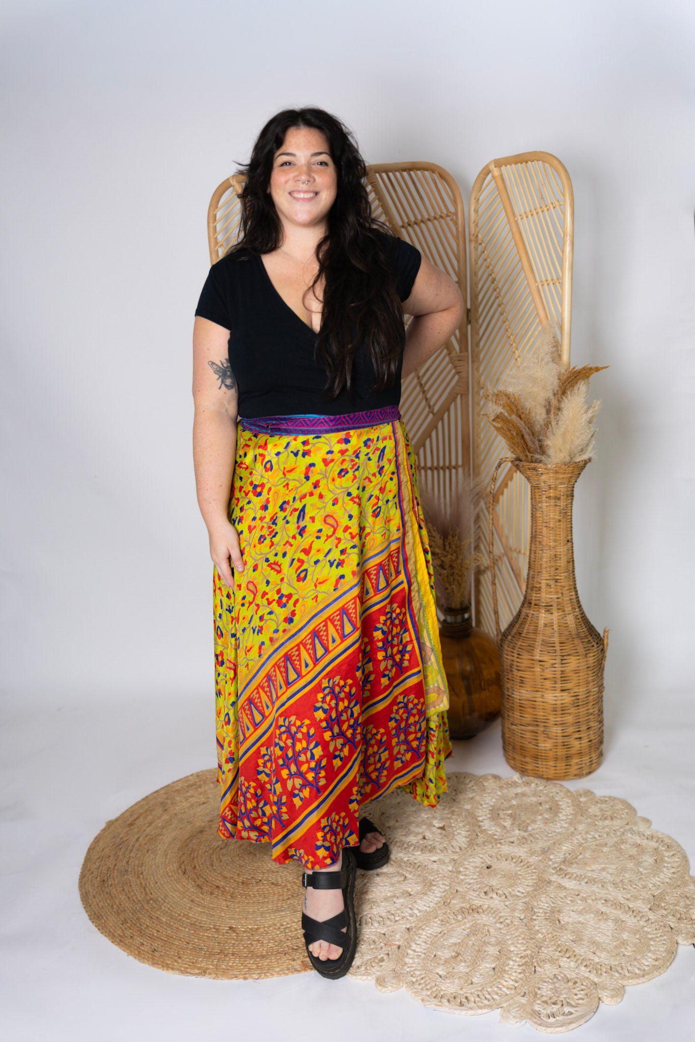 Plus 4 Layer Maxi Length Up-Cycled Reversible Sari Wrap Skirt #141