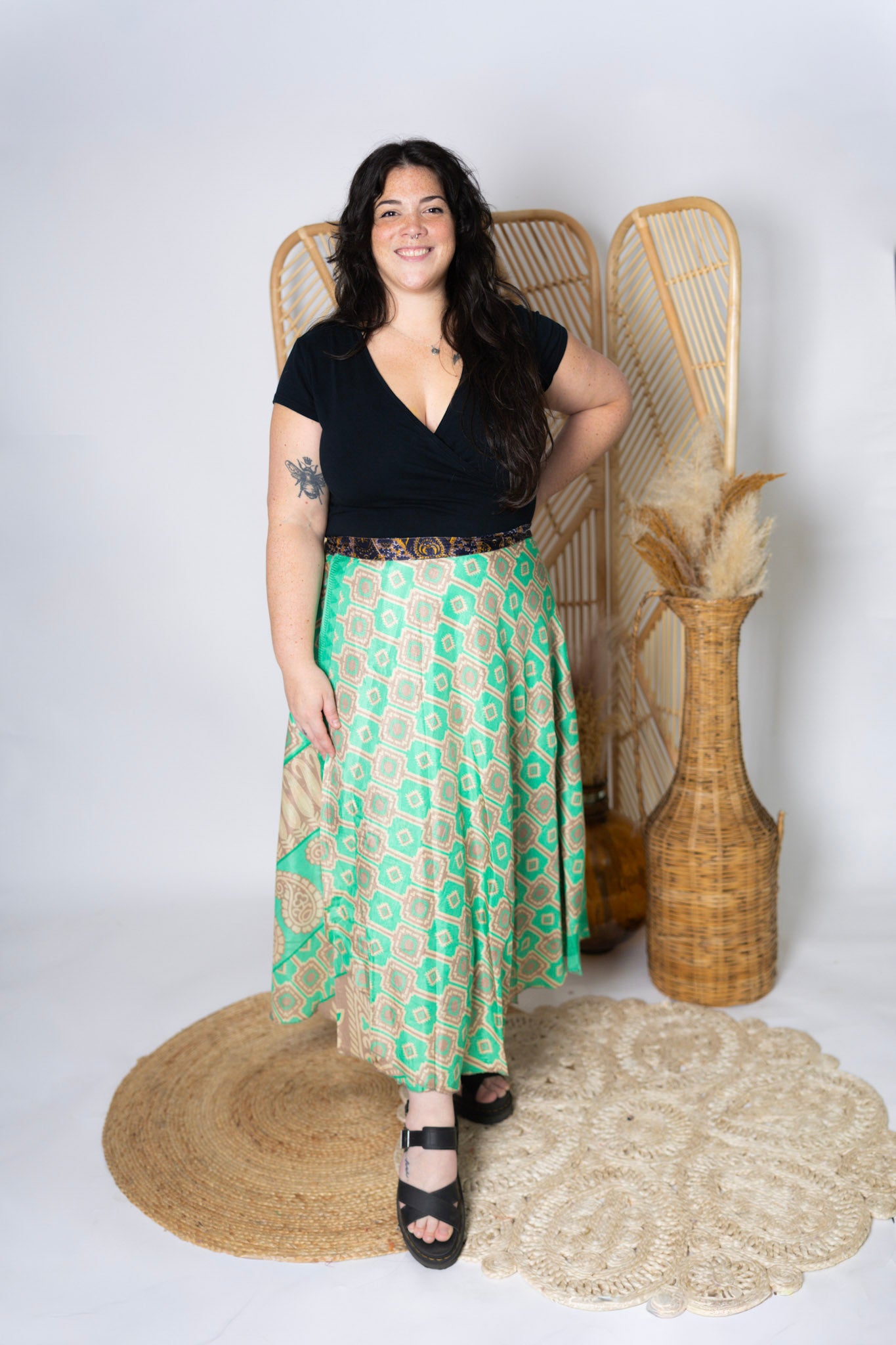 Plus 4 Layer Maxi Length Up-Cycled Reversible Sari Wrap Skirt #142