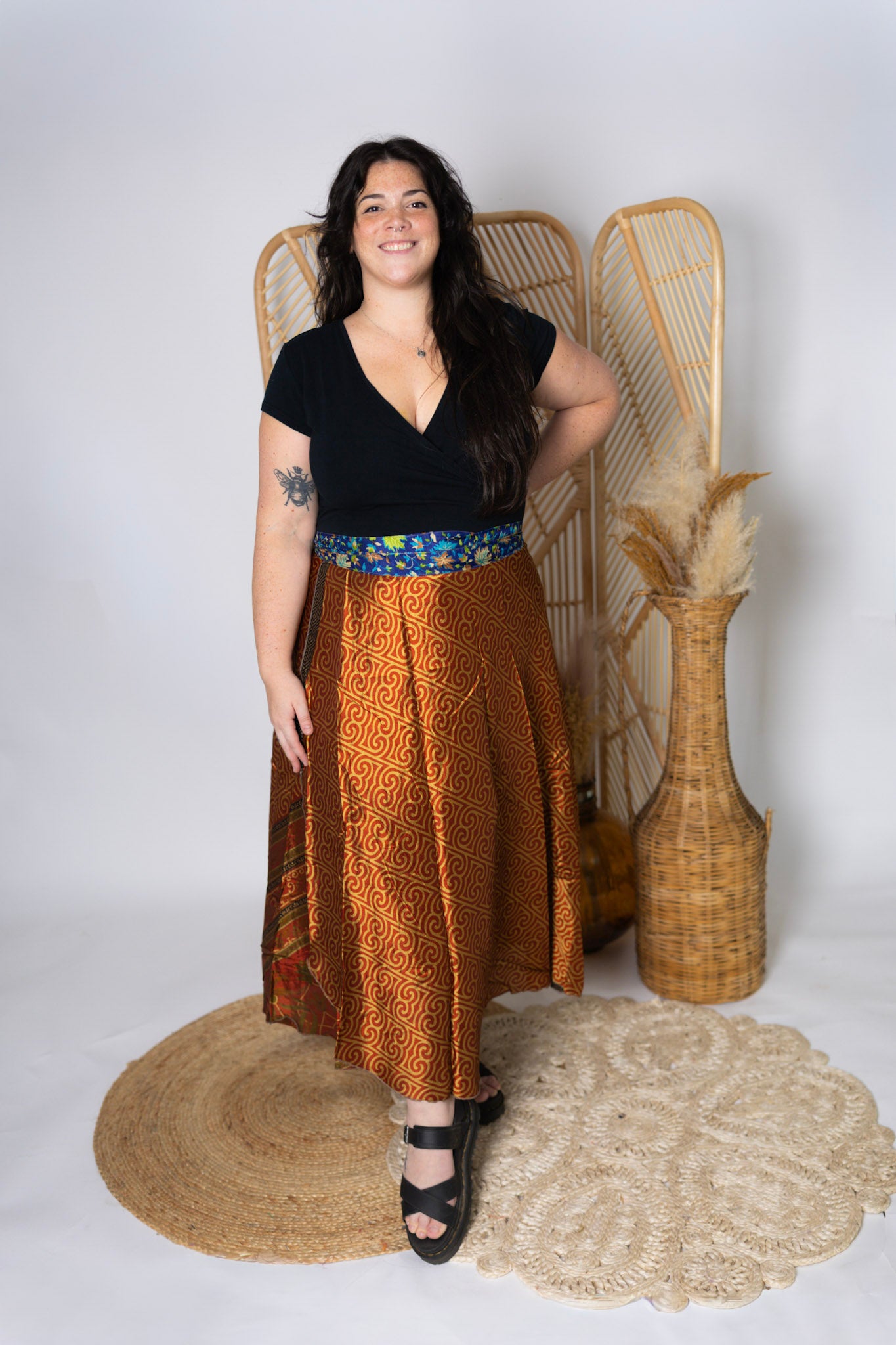 Plus 4 Layer Maxi Length Up-Cycled Reversible Sari Wrap Skirt #143