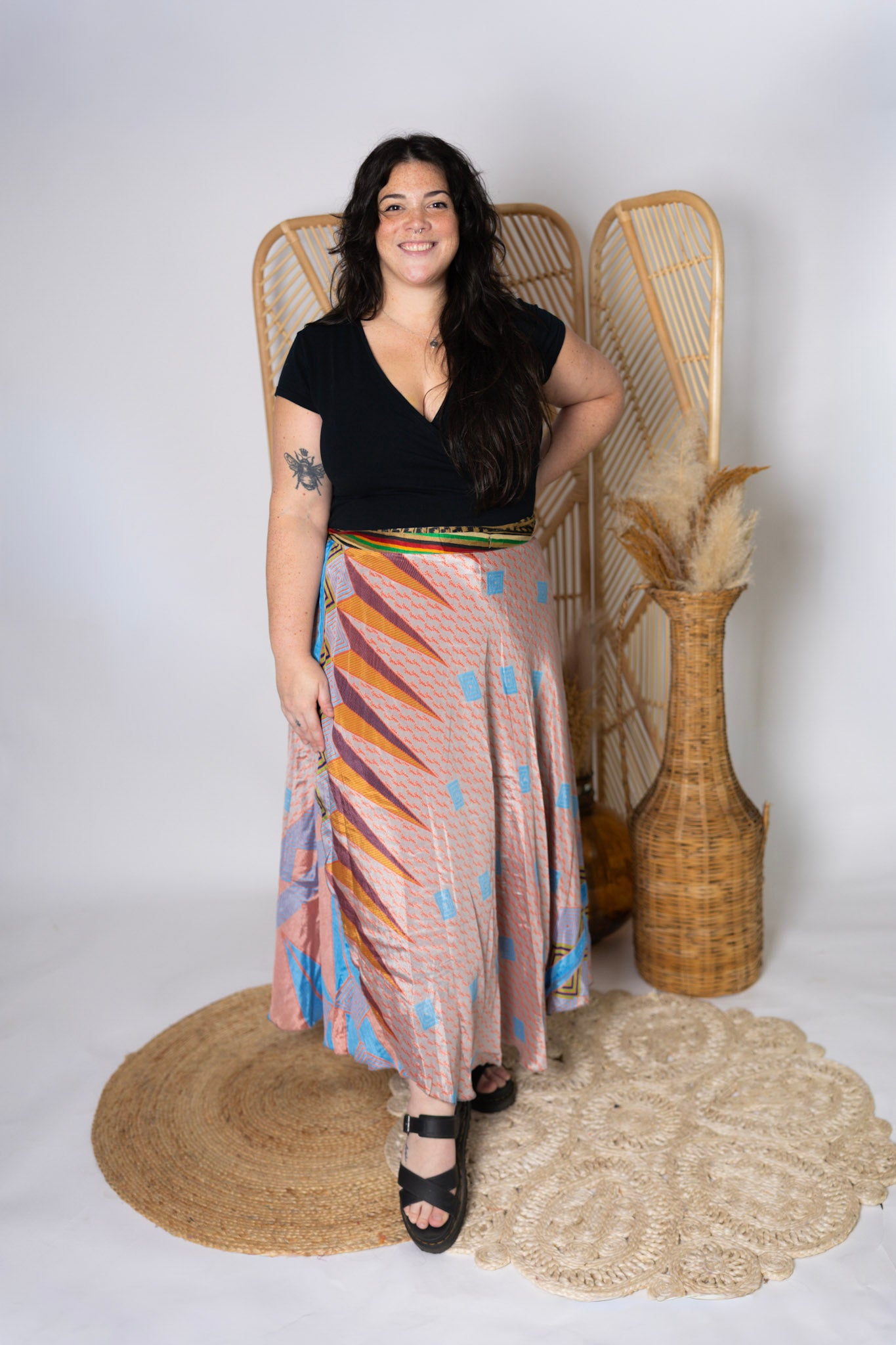 Plus 4 Layer Maxi Length Up-Cycled Reversible Sari Wrap Skirt #145