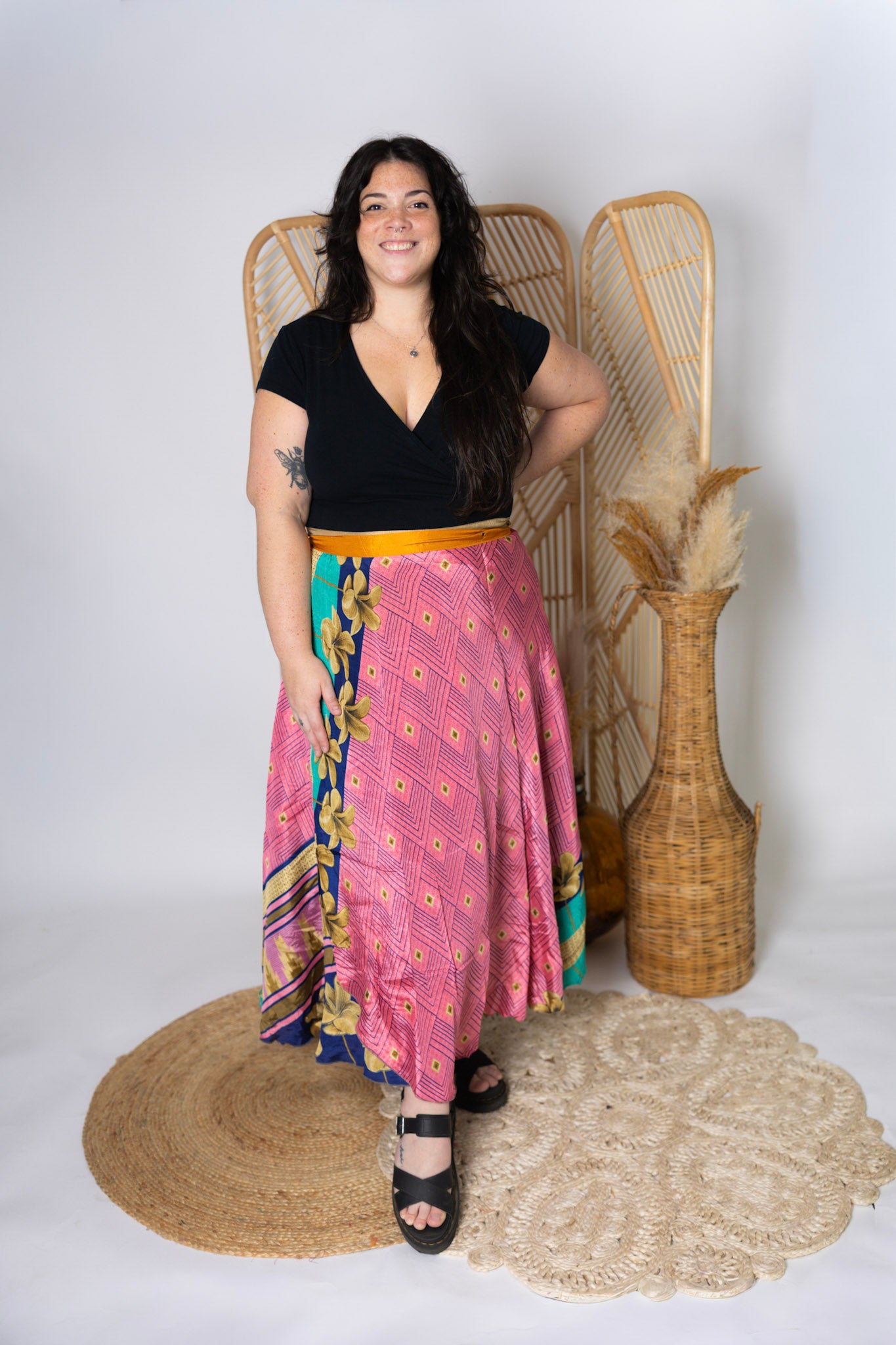 Plus 4 Layer Maxi Length Up-Cycled Reversible Sari Wrap Skirt #146