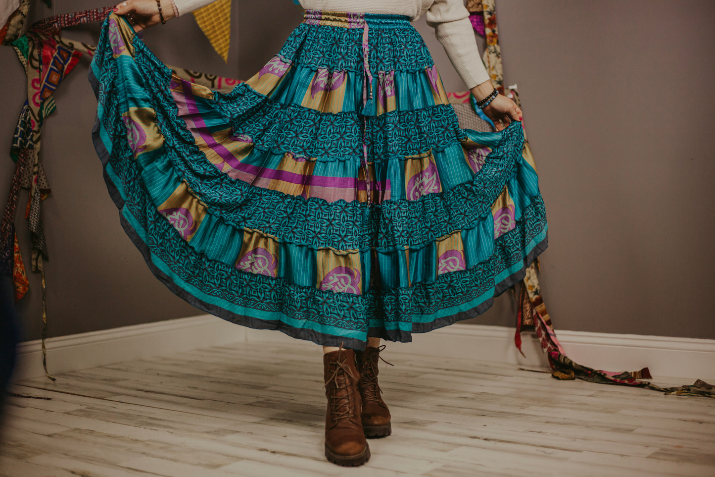Up-Cycled Sari Elastic Band Tiered Skirt #26