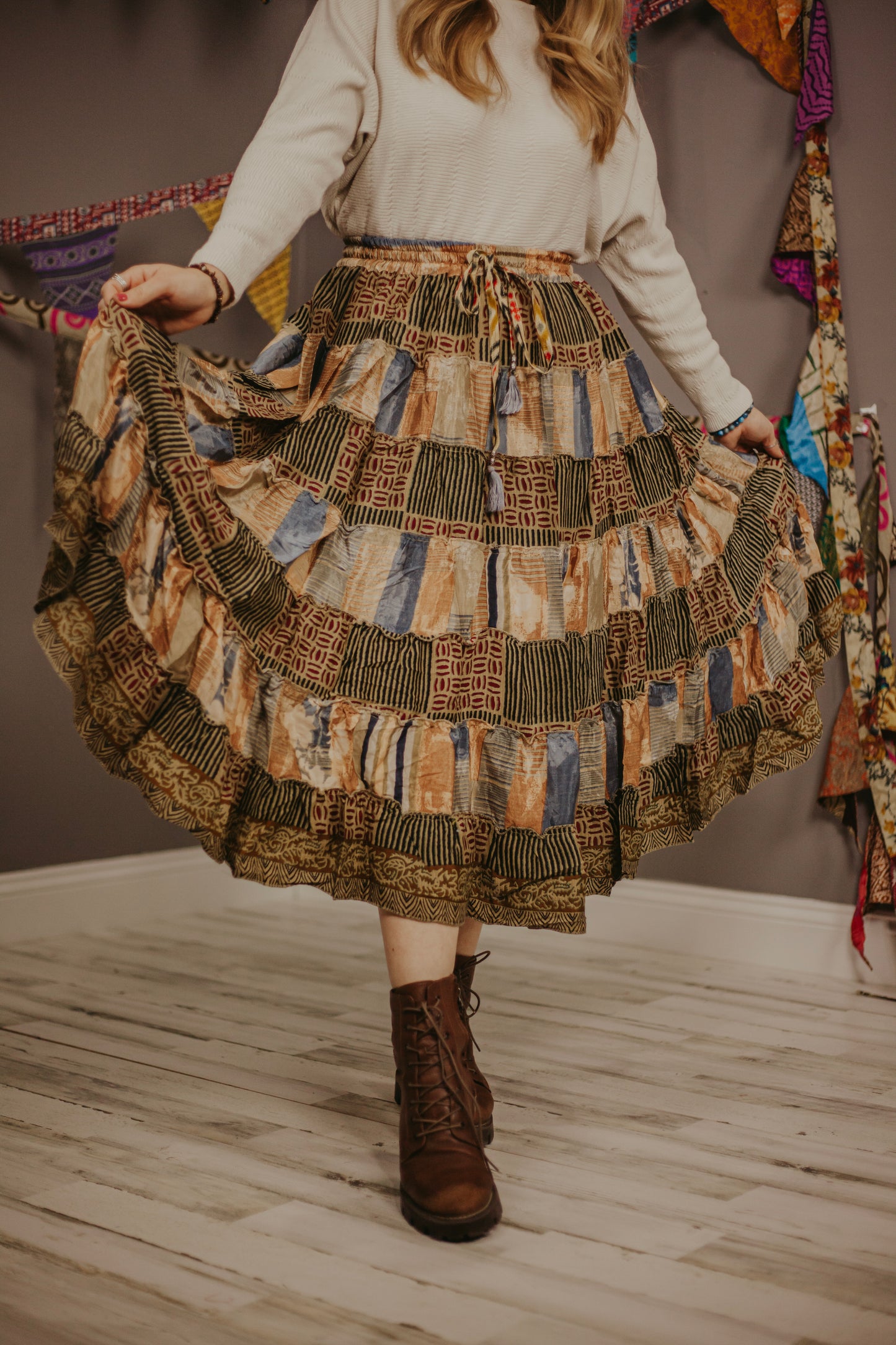 Up-Cycled Sari Elastic Band Tiered Skirt #26