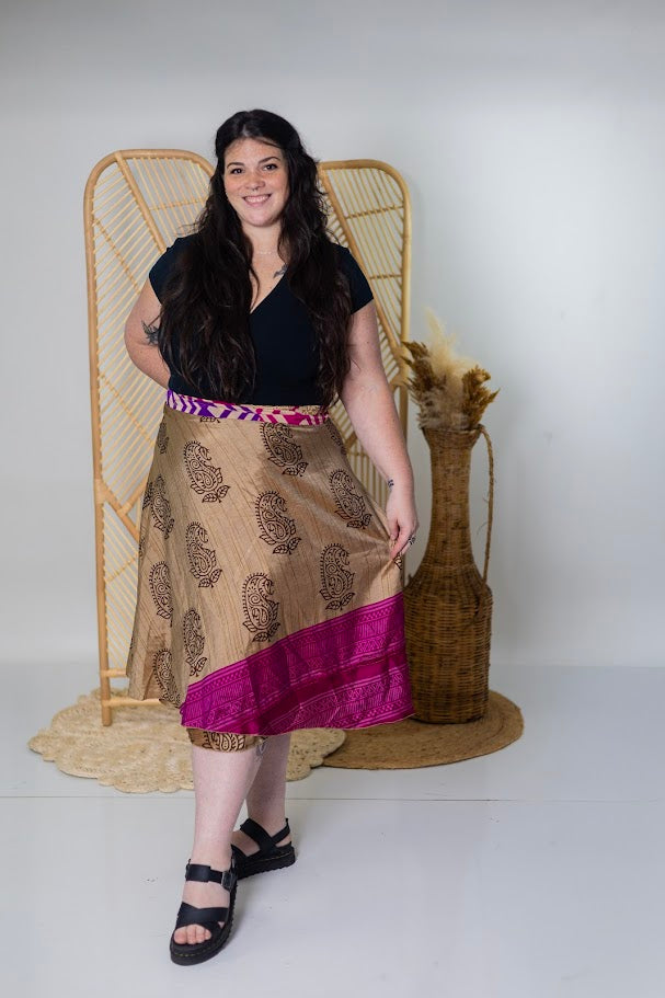 Goddess/Tea Length Up-Cycled Reversible Sari Wrap Skirt #62