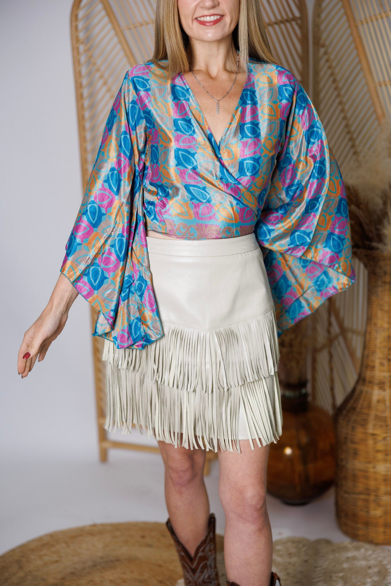 Regular Up-Cycled Sari Bell Sleeve Wrap Tie Top #104
