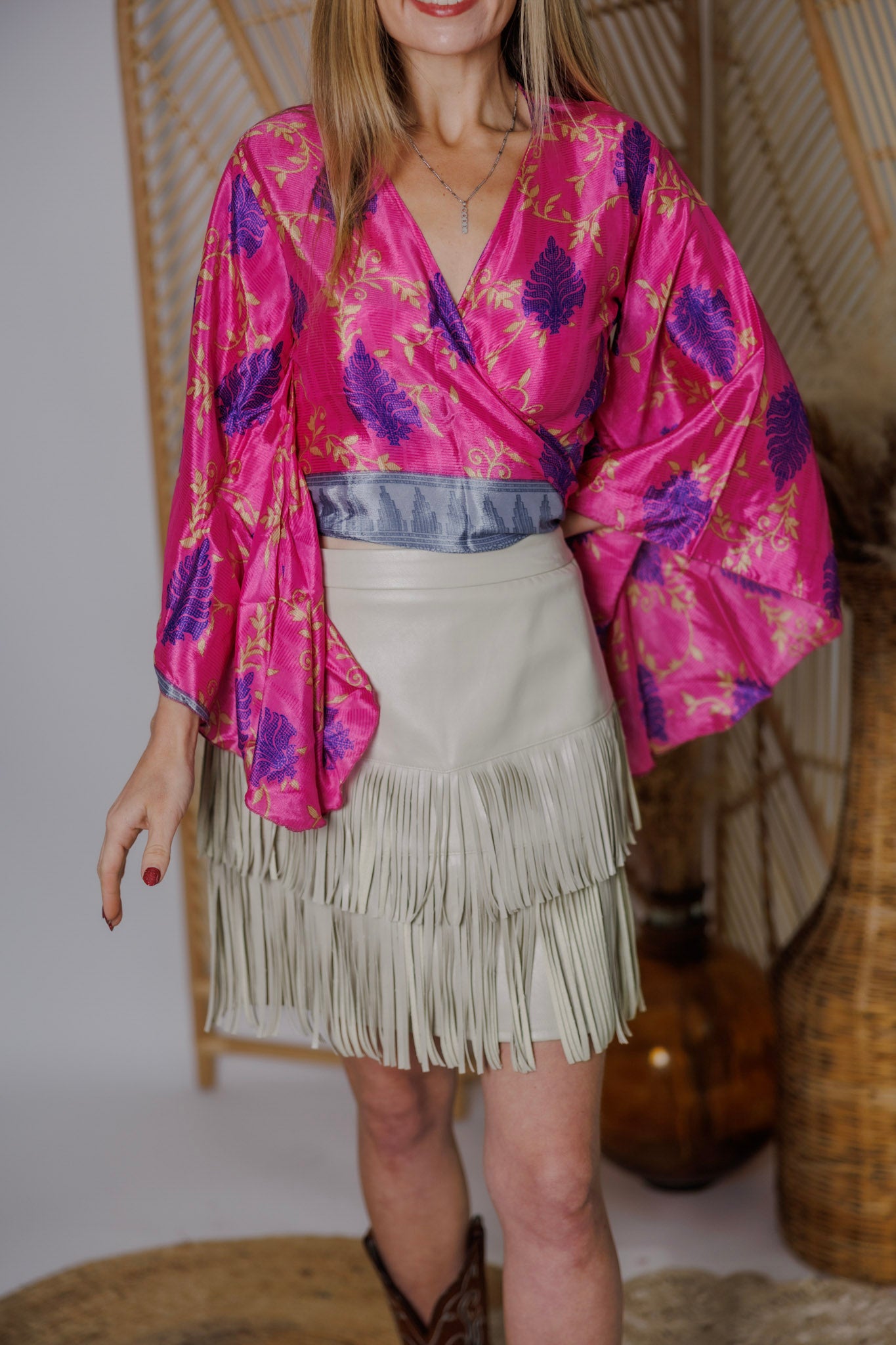 Regular Up-Cycled Sari Bell Sleeve Wrap Tie Top #108