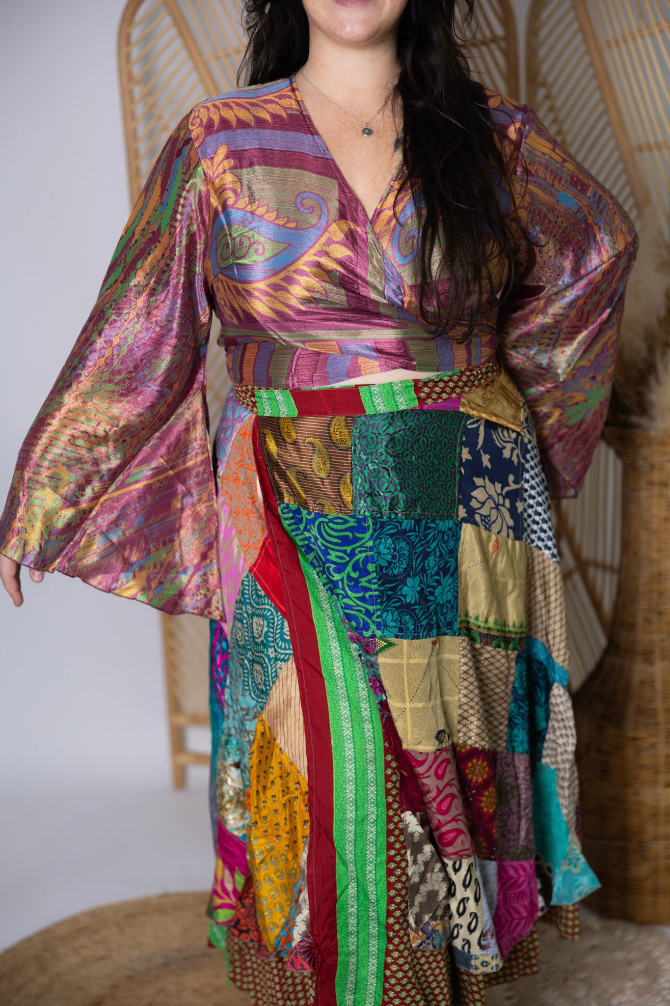Plus Up-Cycled Sari Bell Sleeve Wrap Tie Top #111