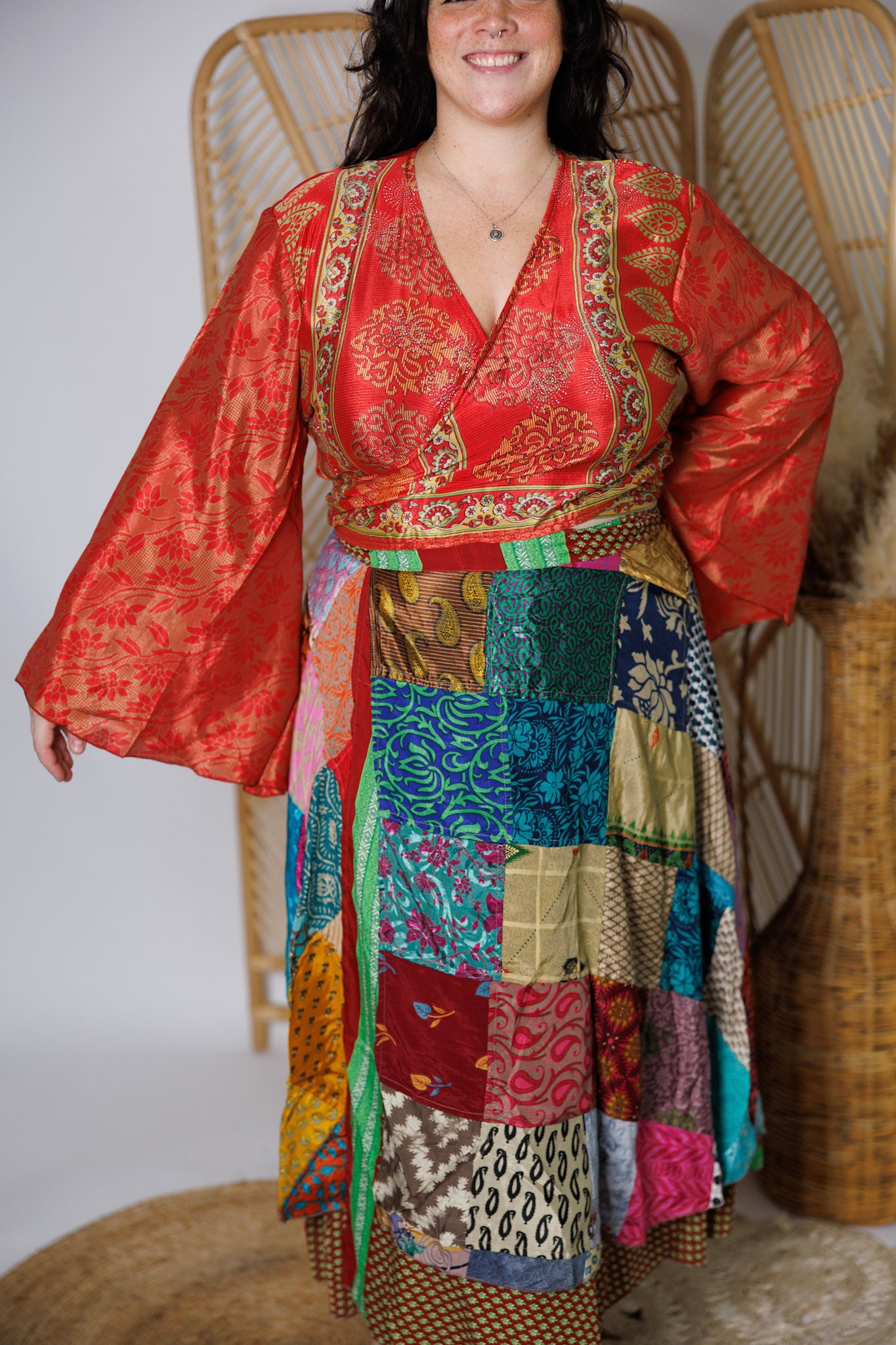 Plus Up-Cycled Sari Bell Sleeve Wrap Tie Top #115