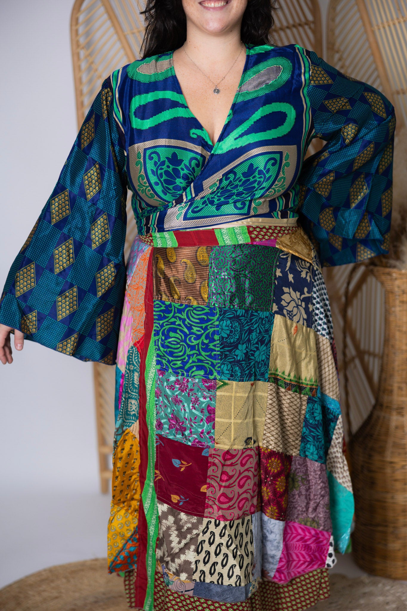 Plus Up-Cycled Sari Bell Sleeve Wrap Tie Top #119