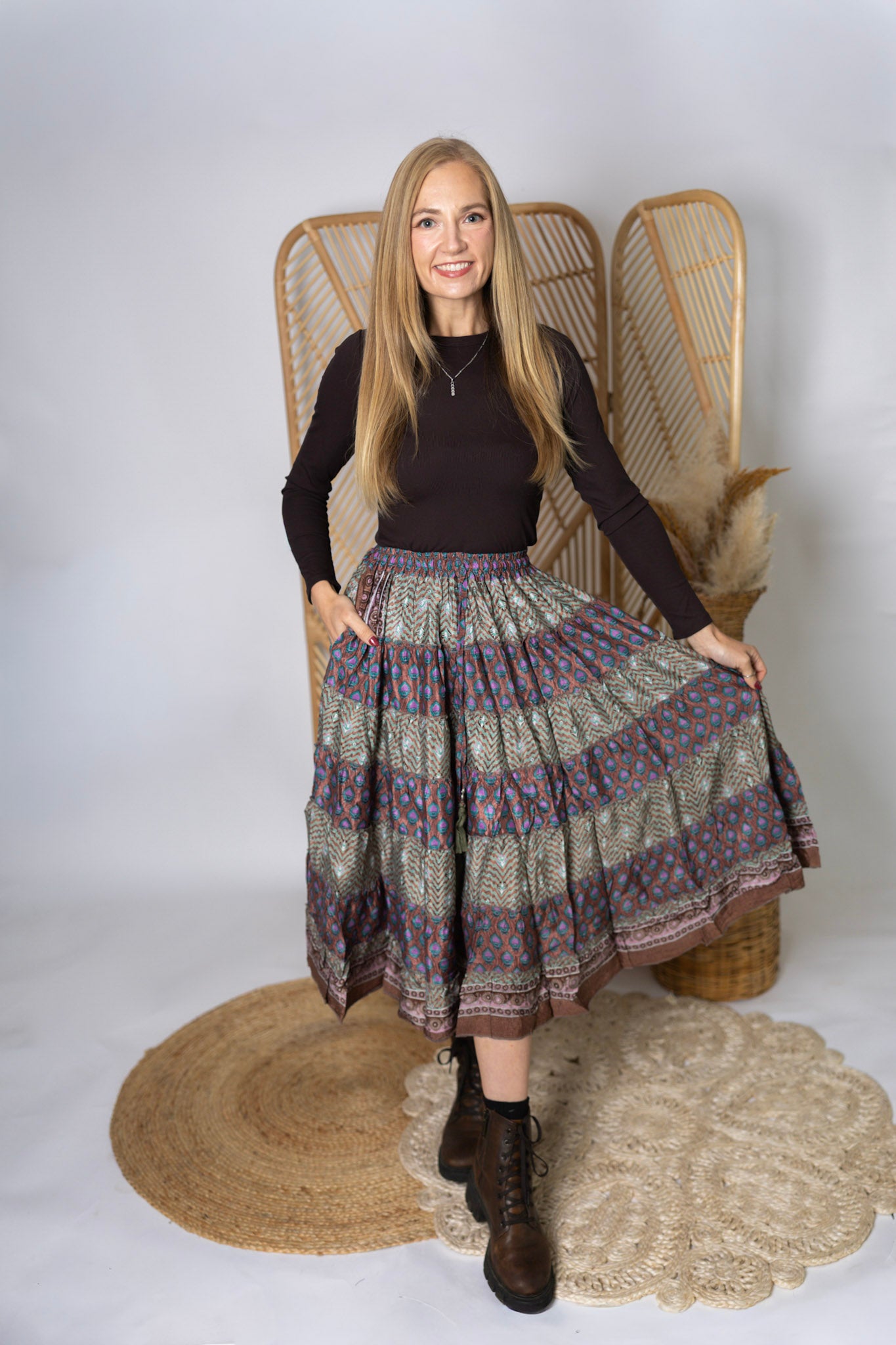 Regular Up-Cycled Sari Elastic Band Tiered Skirt #159