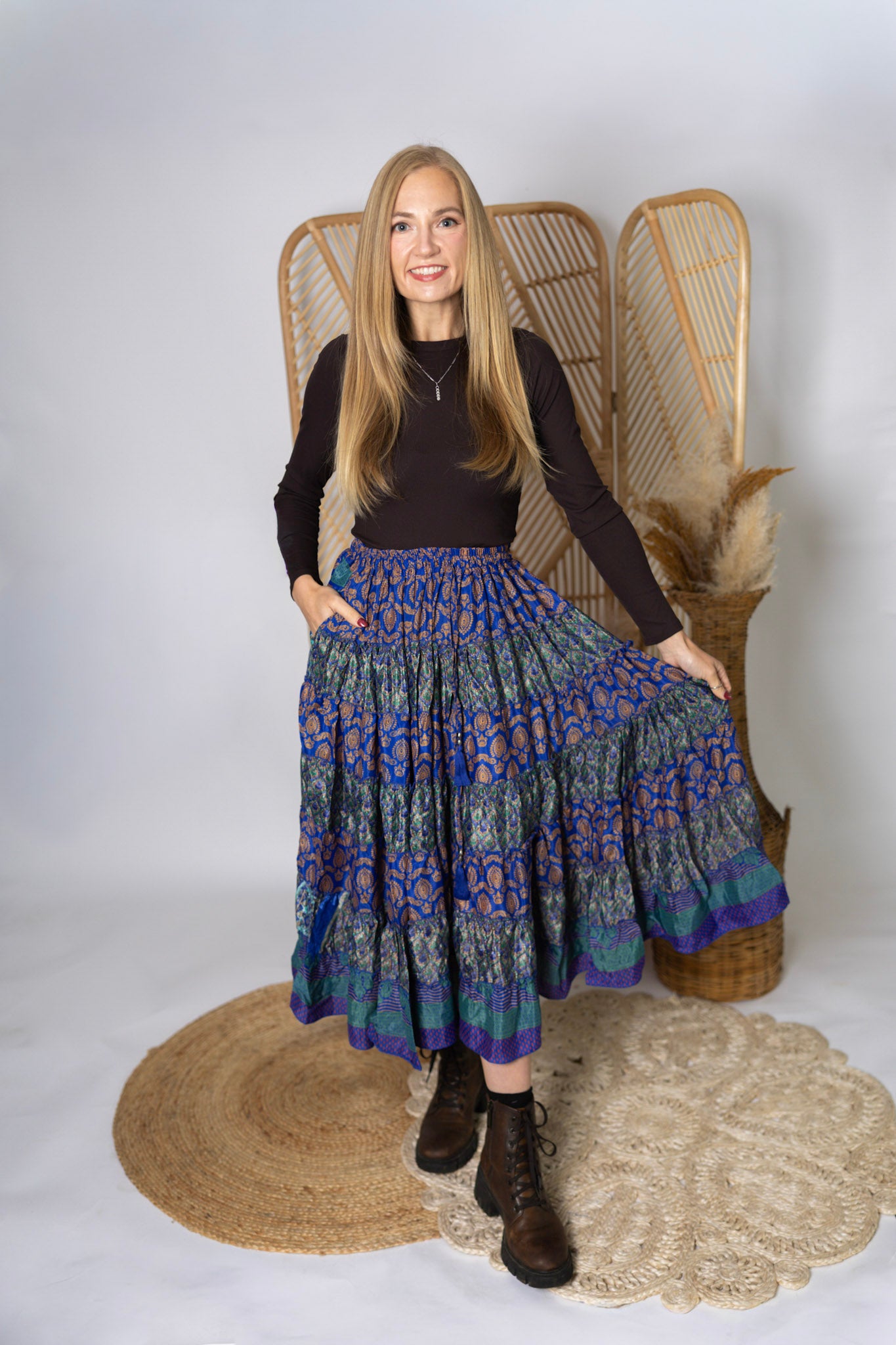 Regular Up-Cycled Sari Elastic Band Tiered Skirt #160