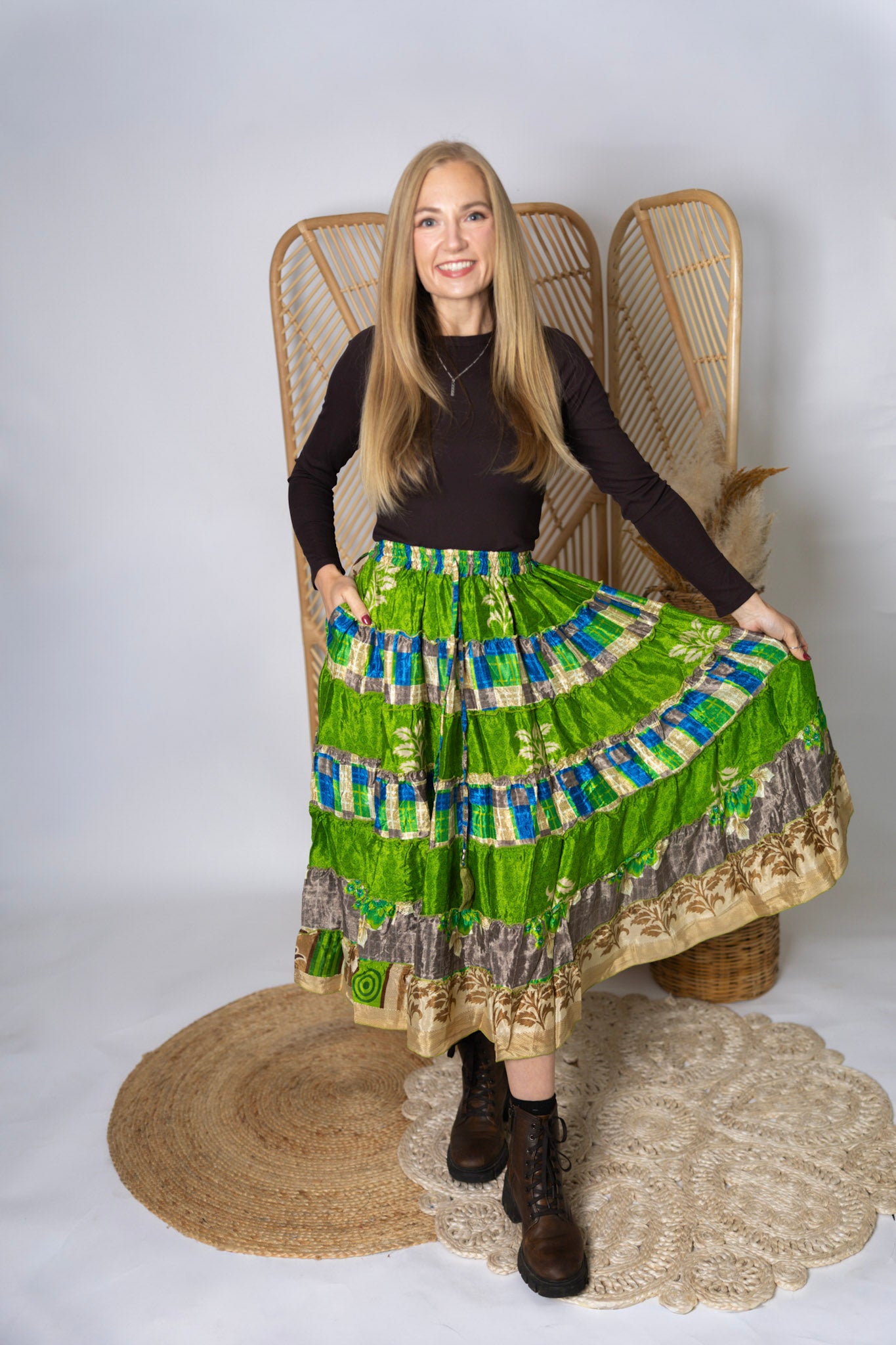 Regular Up-Cycled Sari Elastic Band Tiered Skirt #166
