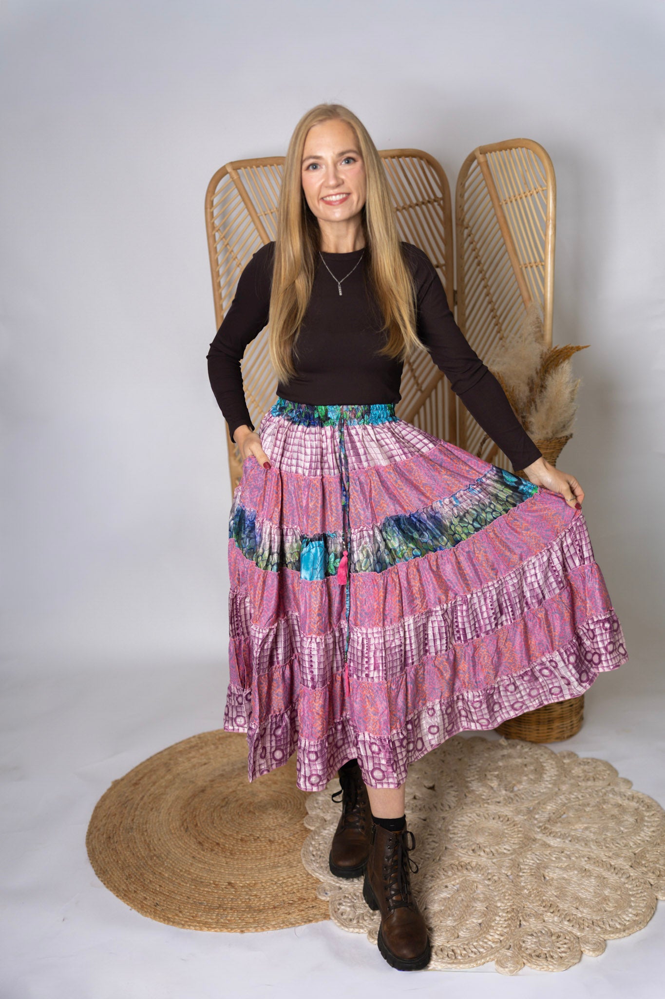 Regular Up-Cycled Sari Elastic Band Tiered Skirt #168