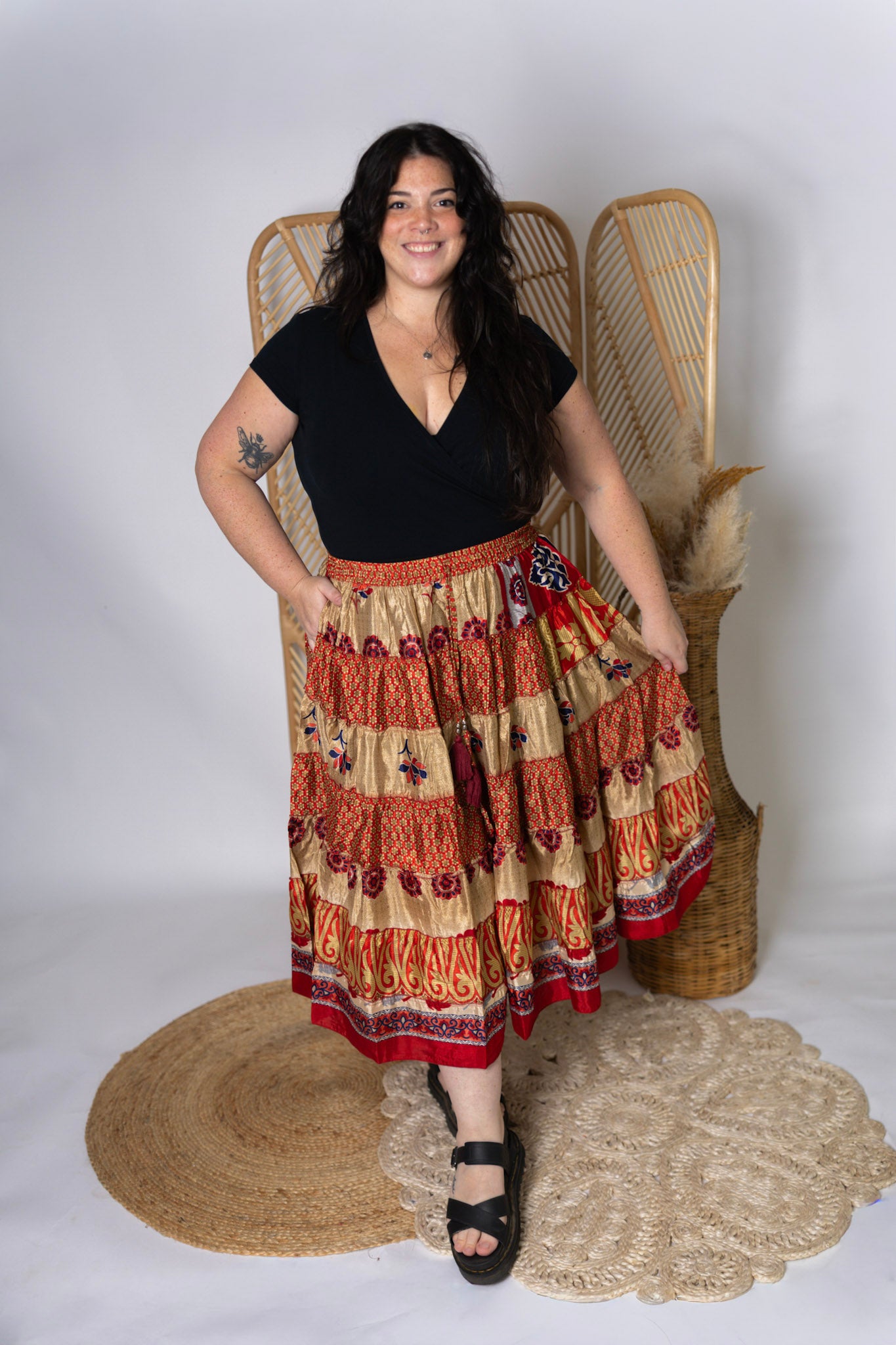 Plus Up-Cycled Sari Elastic Band Tiered Skirt #169