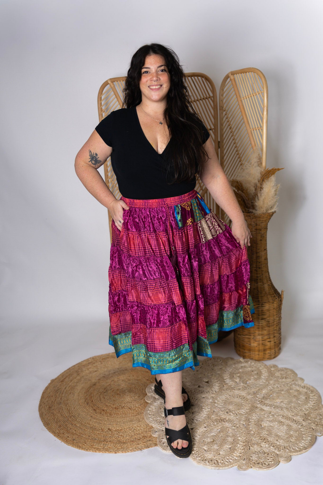 Plus Up-Cycled Sari Elastic Band Tiered Skirt #171