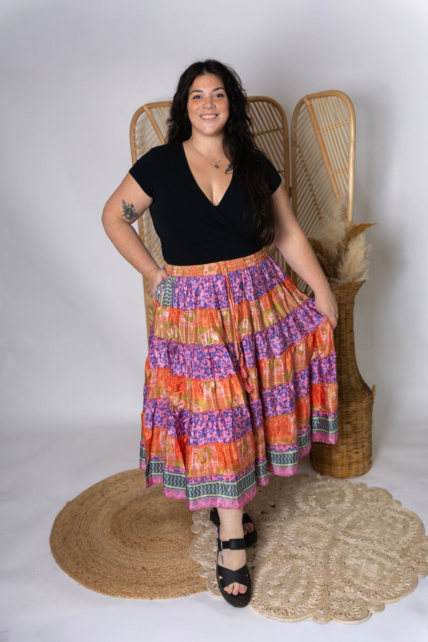 Plus Up-Cycled Sari Elastic Band Tiered Skirt #172