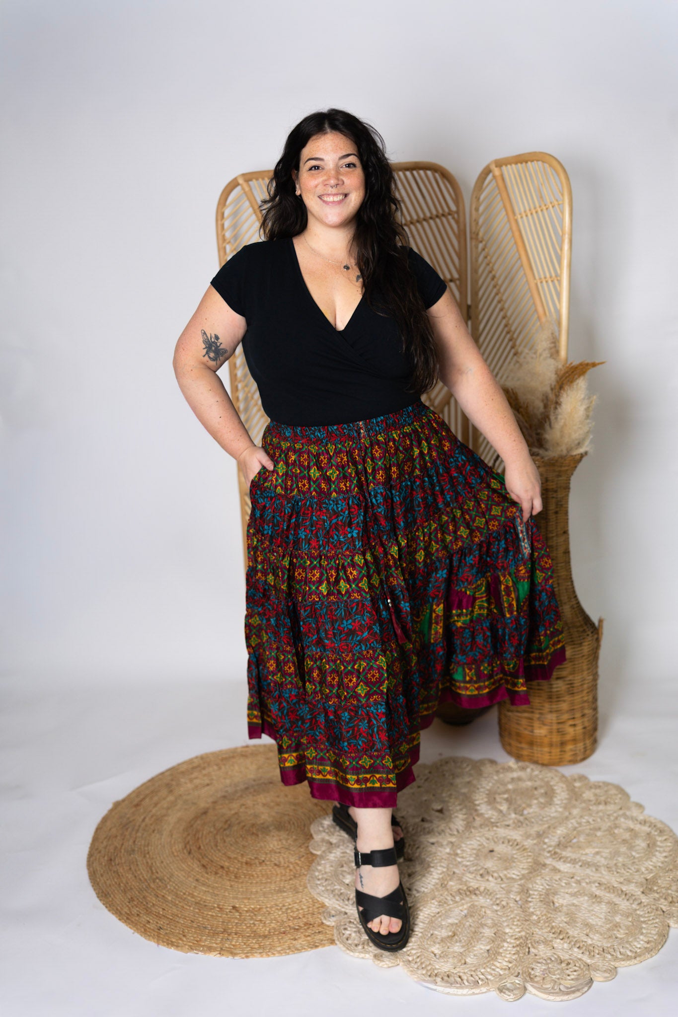 Plus Up-Cycled Sari Elastic Band Tiered Skirt #175