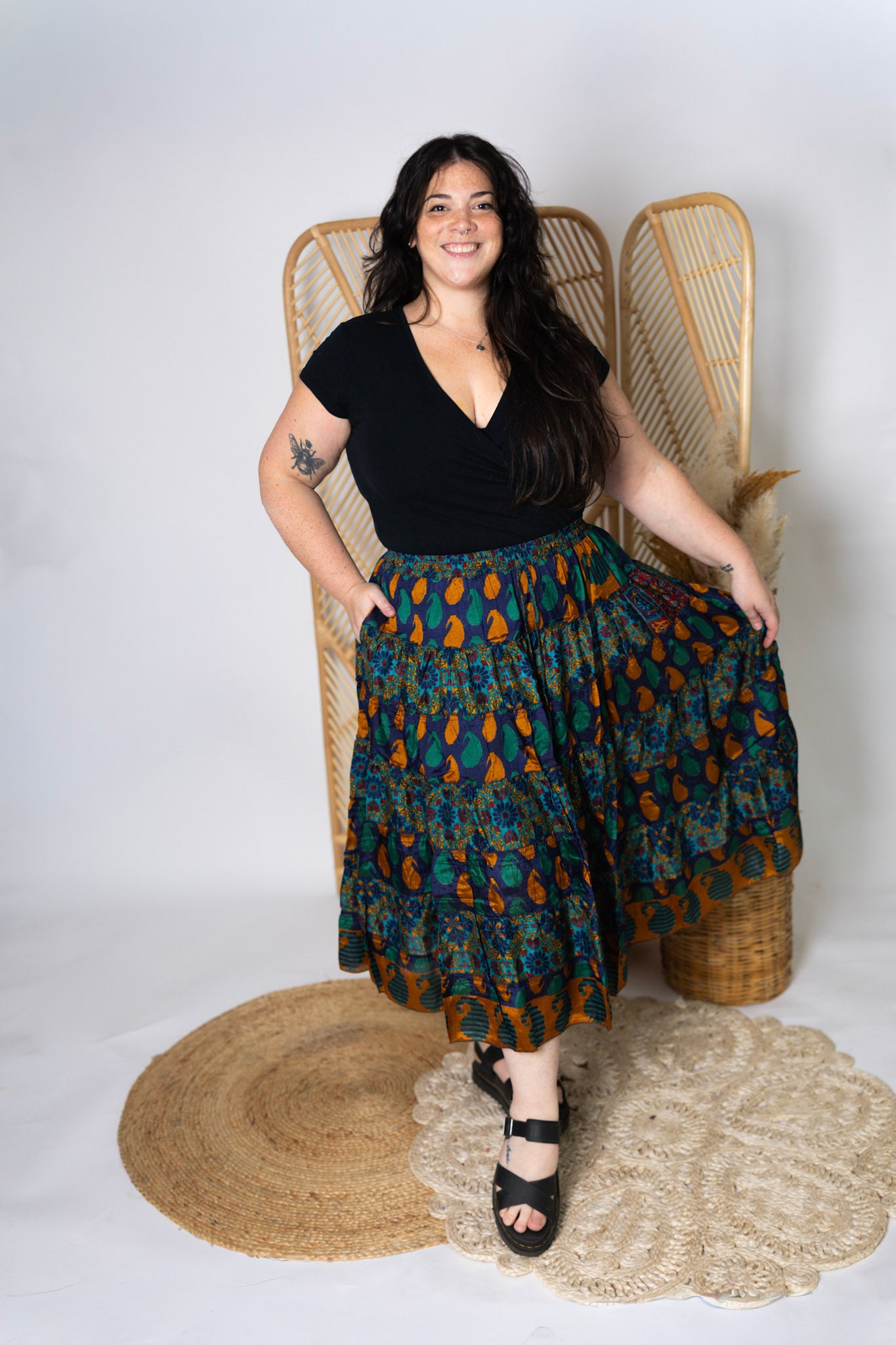 Plus Up-Cycled Sari Elastic Band Tiered Skirt #176