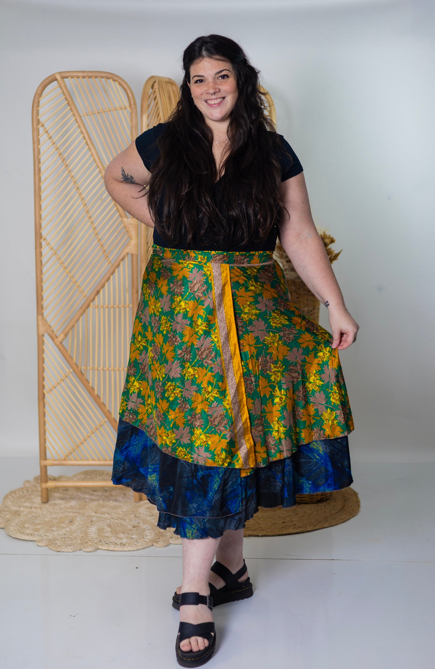 Plus/Tea Length Up-Cycled Reversible Sari Wrap Skirt #97