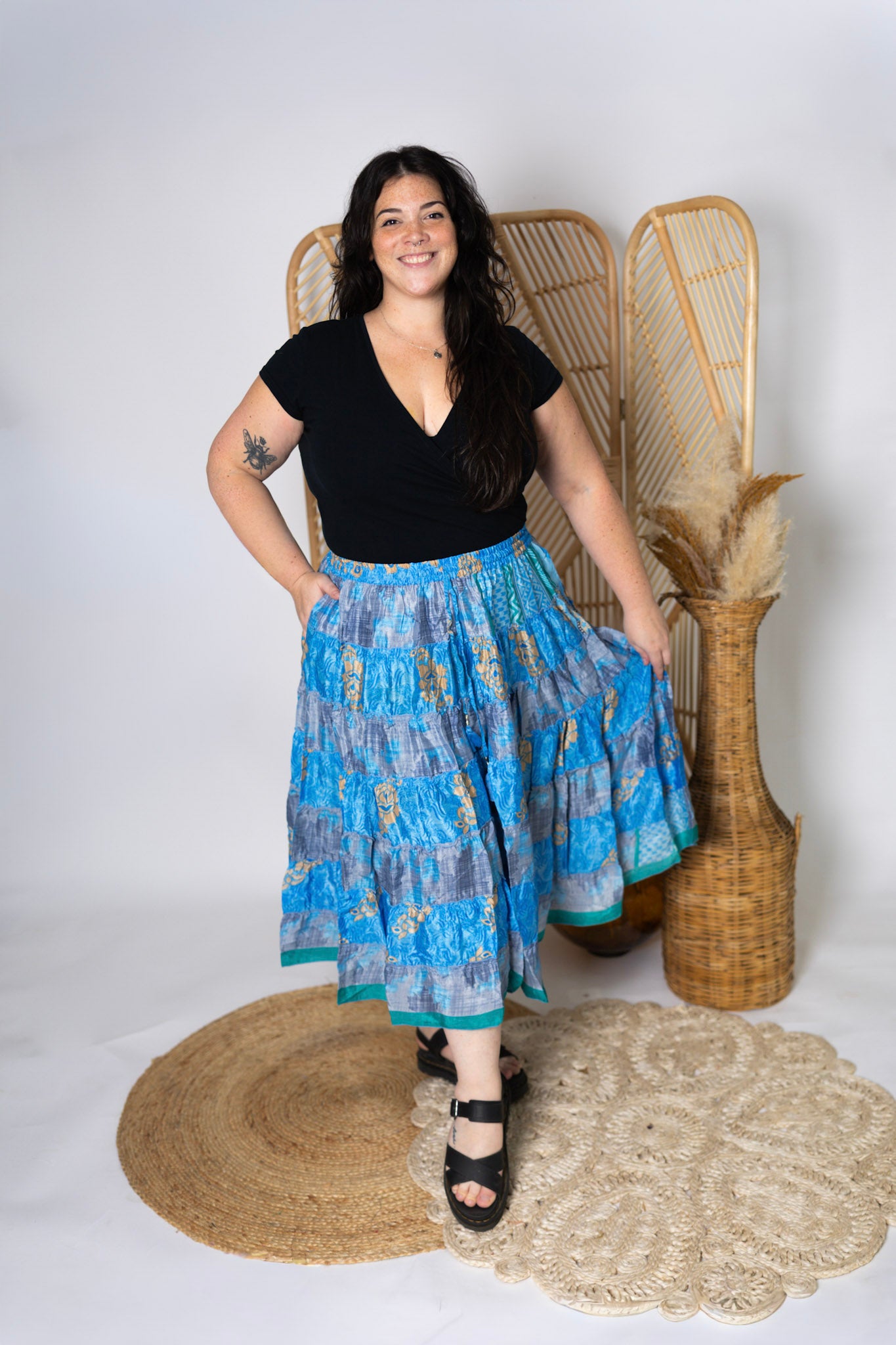 Plus Up-Cycled Sari Elastic Band Tiered Skirt #178