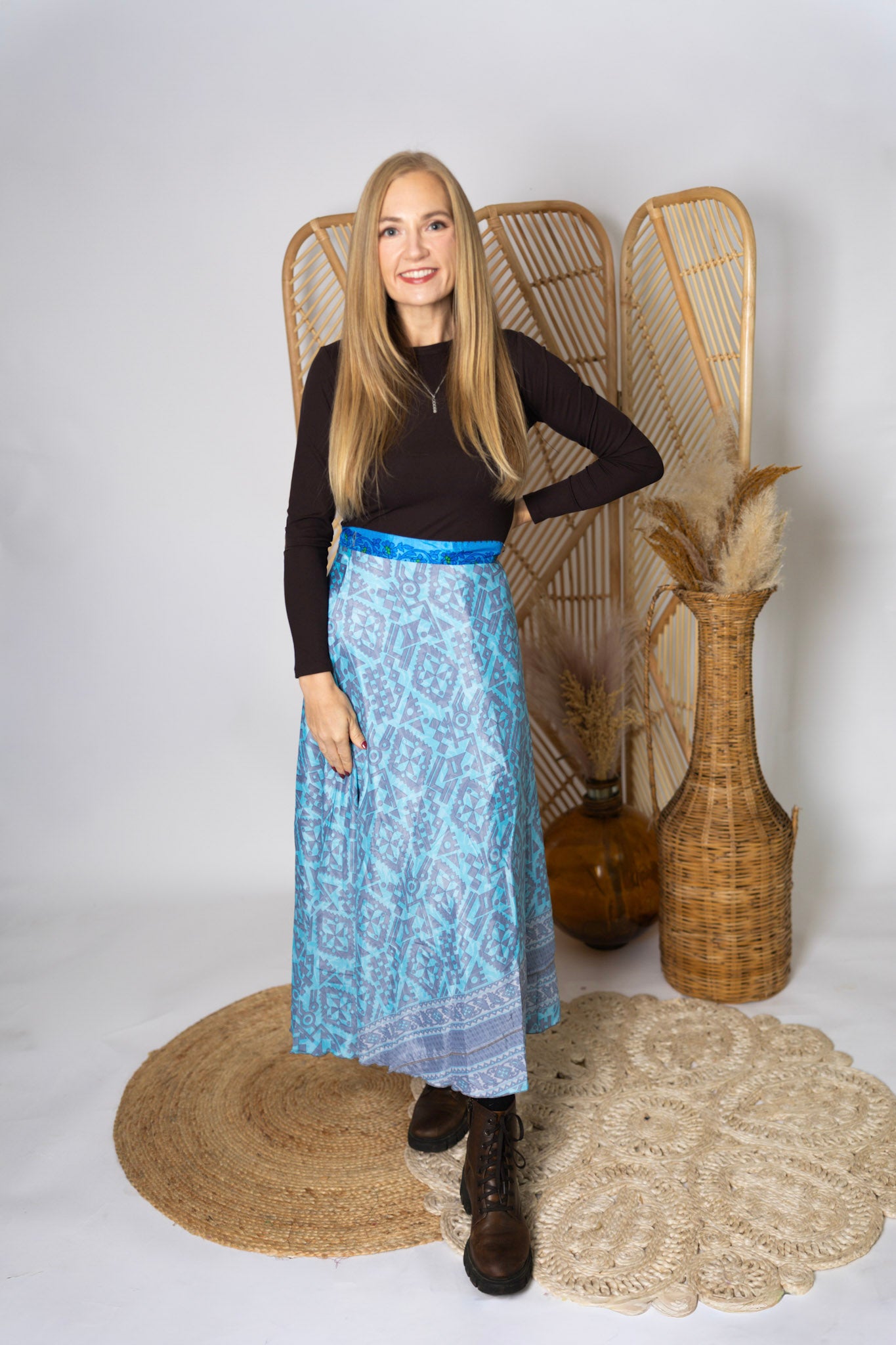 Regular 4 Layer Maxi Length Up-Cycled Reversible Sari Wrap Skirt #131