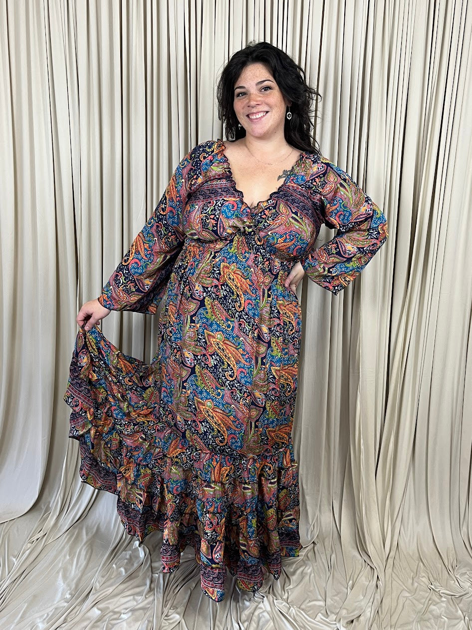 Plus 100% New Silk Long Sleeve Maxi Dress - Paisley Kaleidoscope Plus 100% New Silk Long Sleeve Maxi Dress - Paisley Kaleidoscope