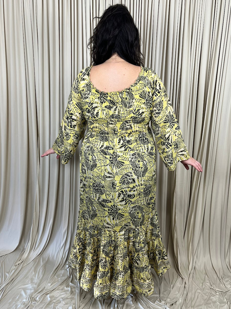 Plus 100% New Silk Long Sleeve Maxi Dress - Tropical Twilight