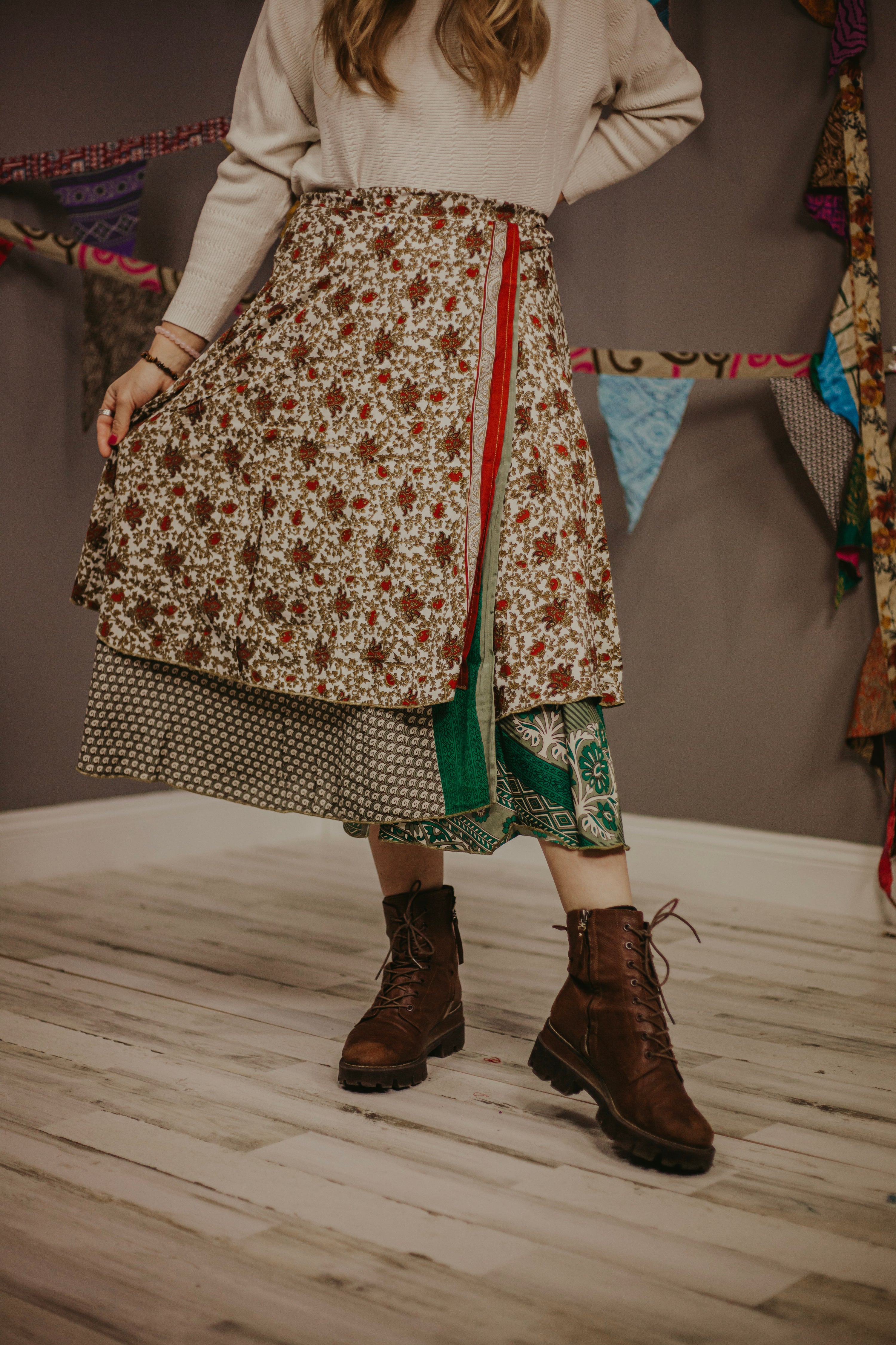 Up-Cycled Sari Elastic Band Tiered Skirt