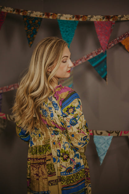 Regular 100% New Silk Long Sleeve Maxi Dress- Safari Tapestry