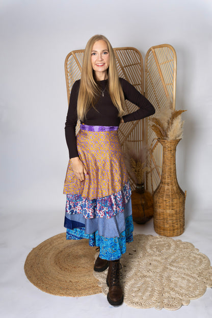 Regular 4 Layer Maxi Length Up-Cycled Reversible Sari Wrap Skirt #132