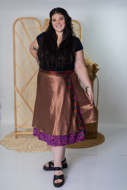 Plus/Tea Length Up-Cycled Reversible Sari Wrap Skirt #60