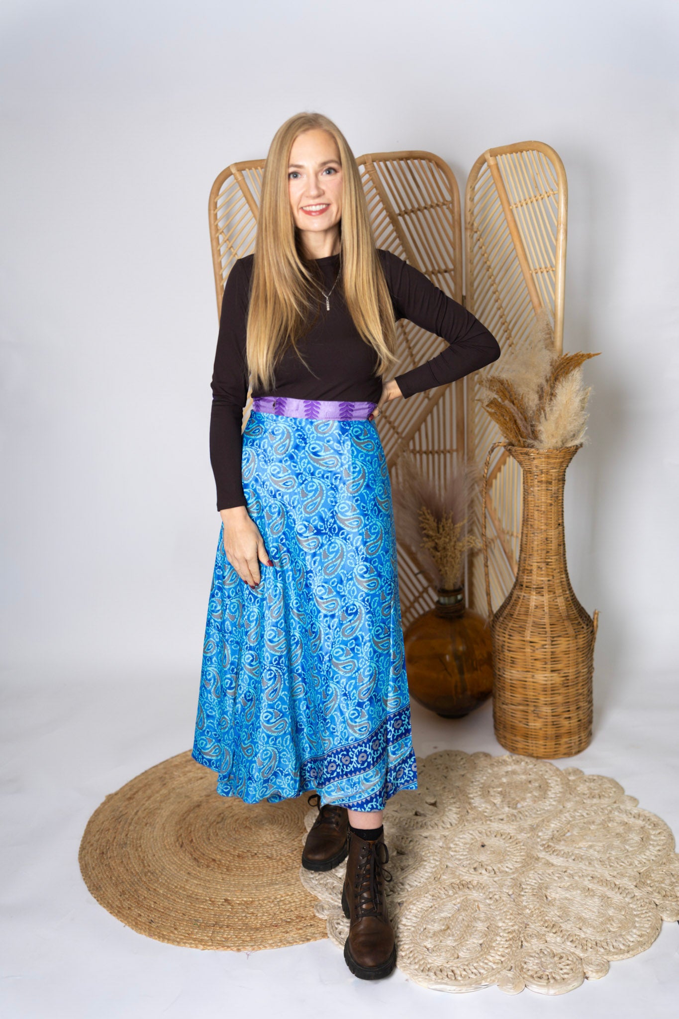 Regular 4 Layer Maxi Length Up-Cycled Reversible Sari Wrap Skirt #132