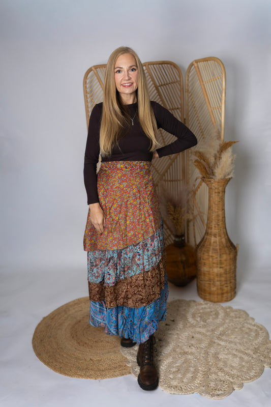 Regular 4 Layer Maxi Length Up-Cycled Reversible Sari Wrap Skirt #133
