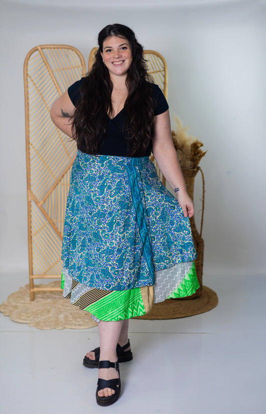 Plus/Tea Length Up-Cycled Reversible Sari Wrap Skirt #49