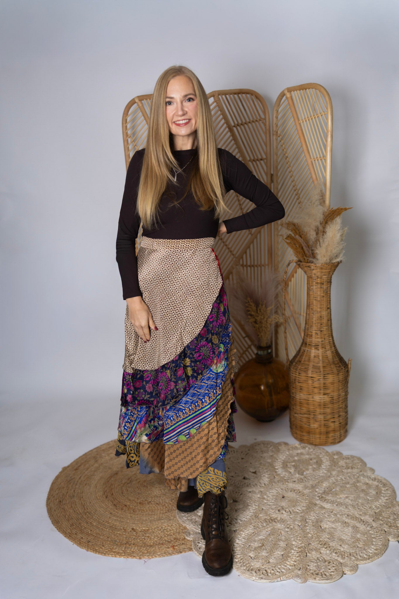 Regular 4 Layer Maxi Length Up-Cycled Reversible Sari Wrap Skirt #134