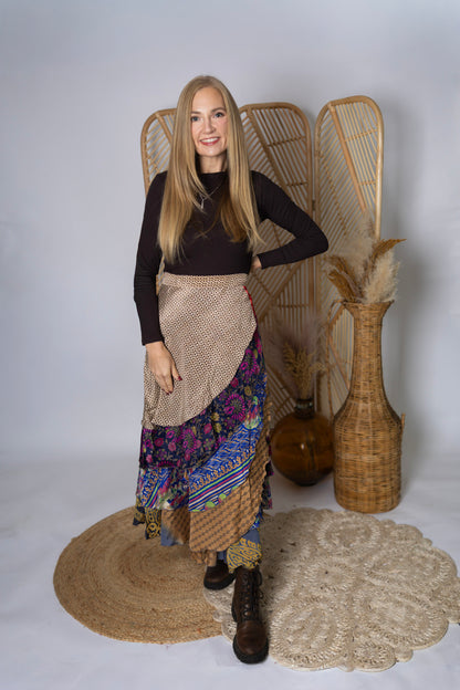 Regular 4 Layer Maxi Length Up-Cycled Reversible Sari Wrap Skirt #134