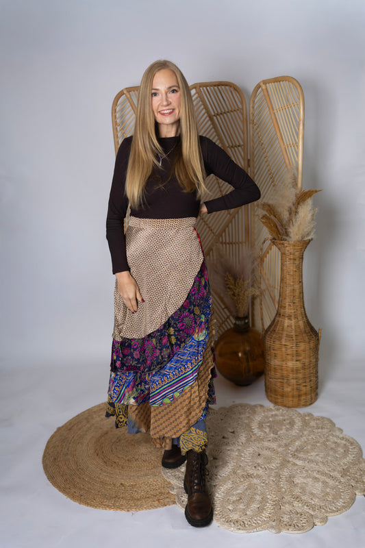 Regular 4 Layer Maxi Length Up-Cycled Reversible Sari Wrap Skirt #134
