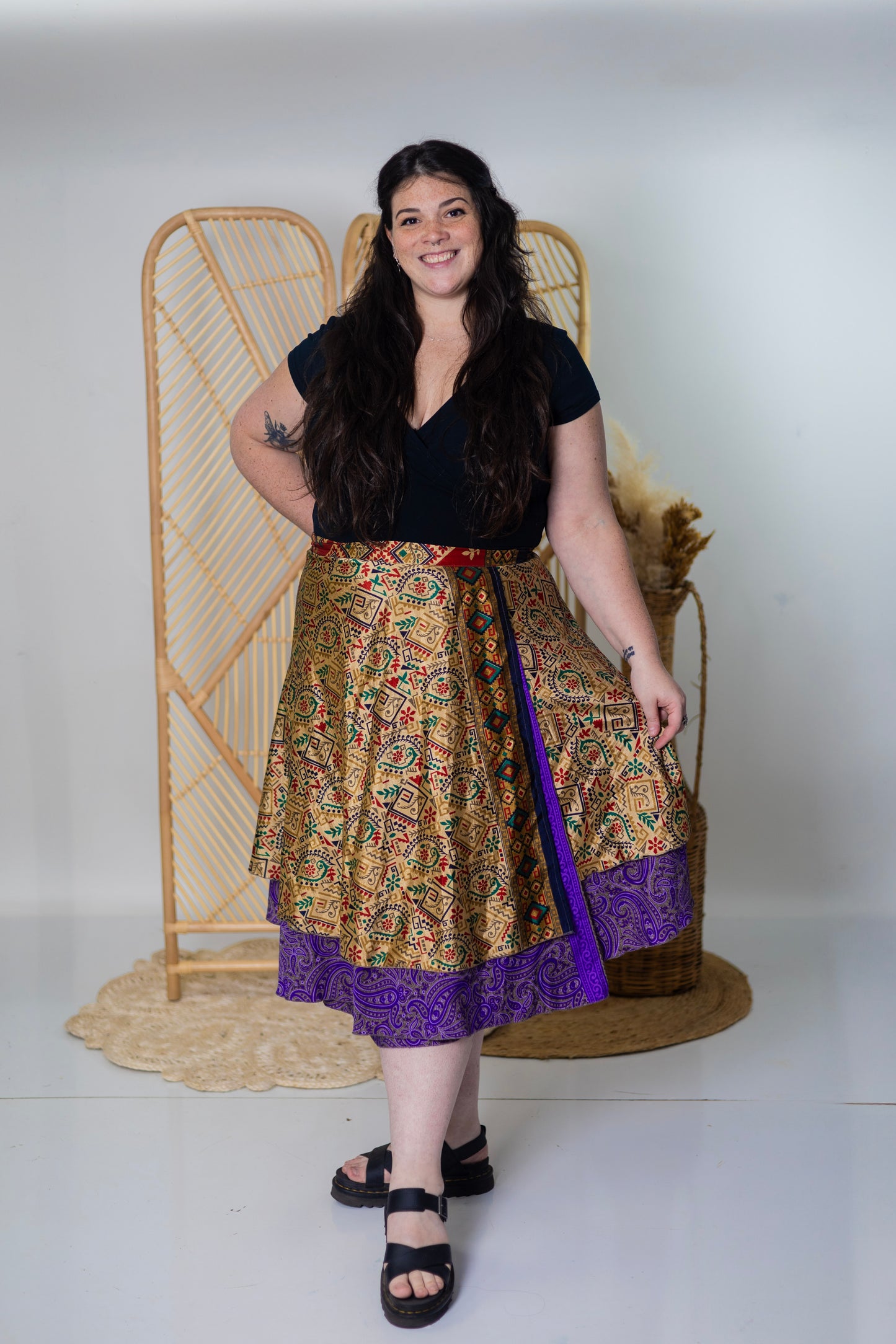 Plus/Tea Length Up-Cycled Reversible Sari Wrap Skirt #90