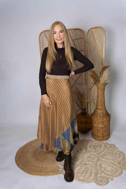 Regular 4 Layer Maxi Length Up-Cycled Reversible Sari Wrap Skirt #134