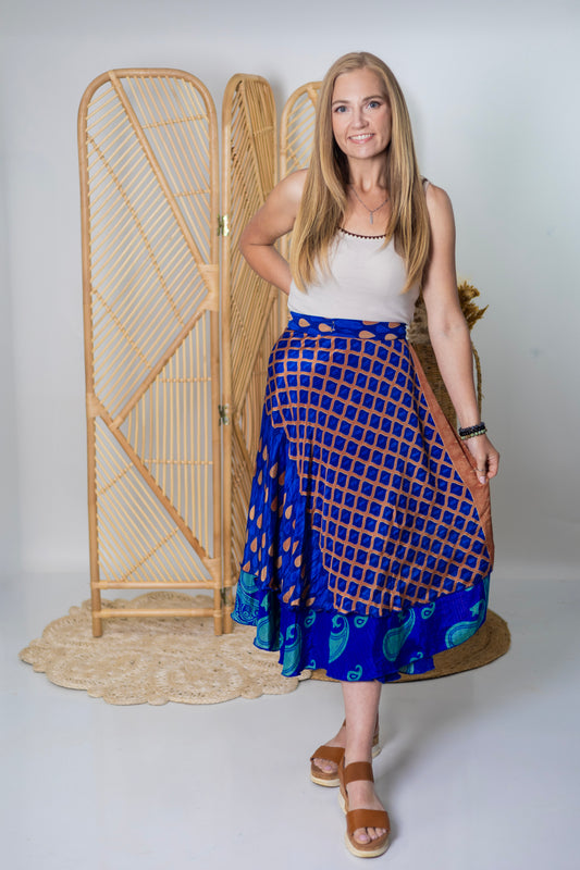 Regular/Tea Length Up-Cycled Reversible Sari Wrap Skirt #94