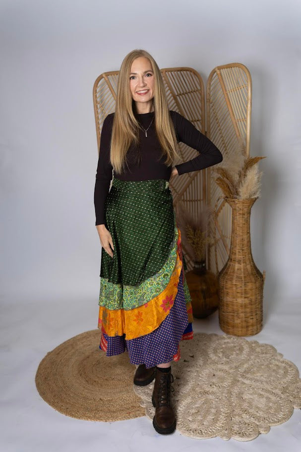 Regular 4 Layer Maxi Length Up-Cycled Reversible Sari Wrap Skirt #135