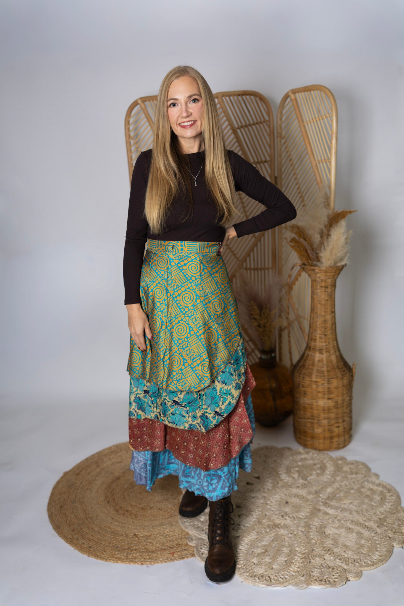Regular 4 Layer Maxi Length Up-Cycled Reversible Sari Wrap Skirt #136