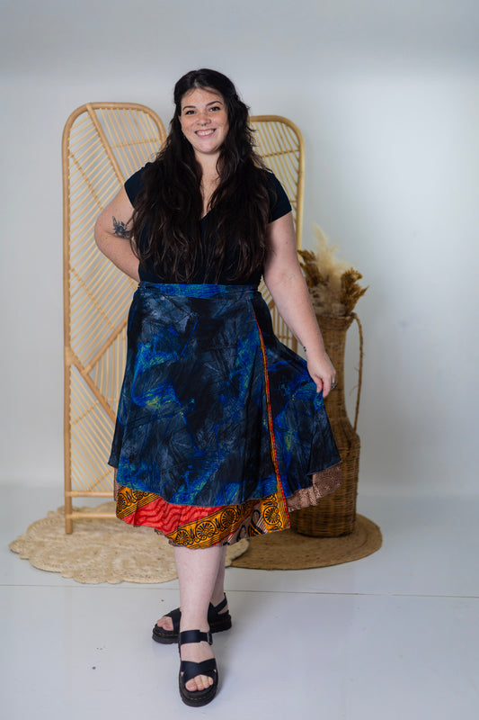 Plus/Tea Length Up-Cycled Reversible Sari Wrap Skirt #44