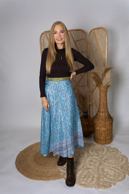 Regular 4 Layer Maxi Length Up-Cycled Reversible Sari Wrap Skirt #136