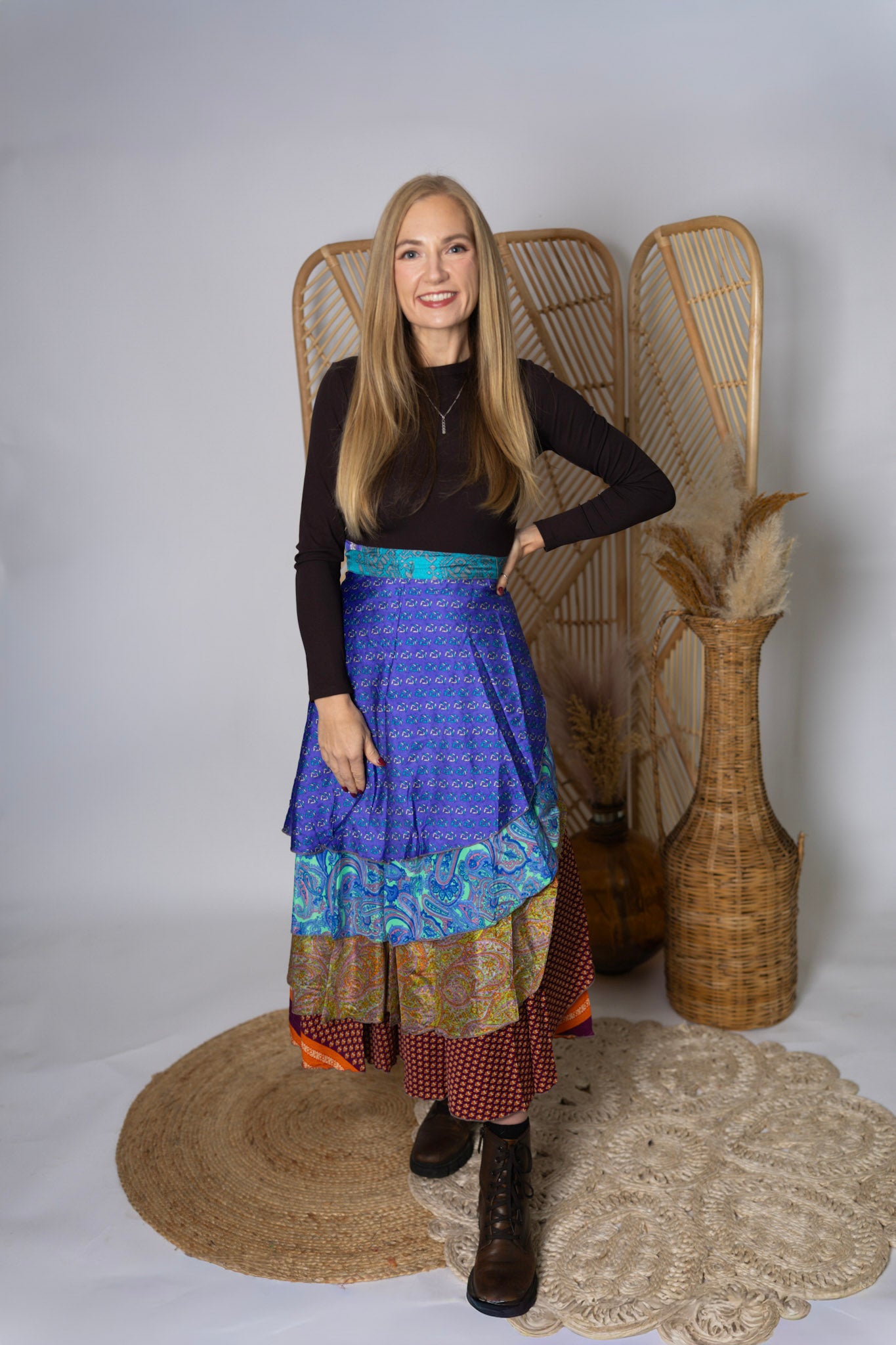 Regular 4 Layer Maxi Length Up-Cycled Reversible Sari Wrap Skirt #137